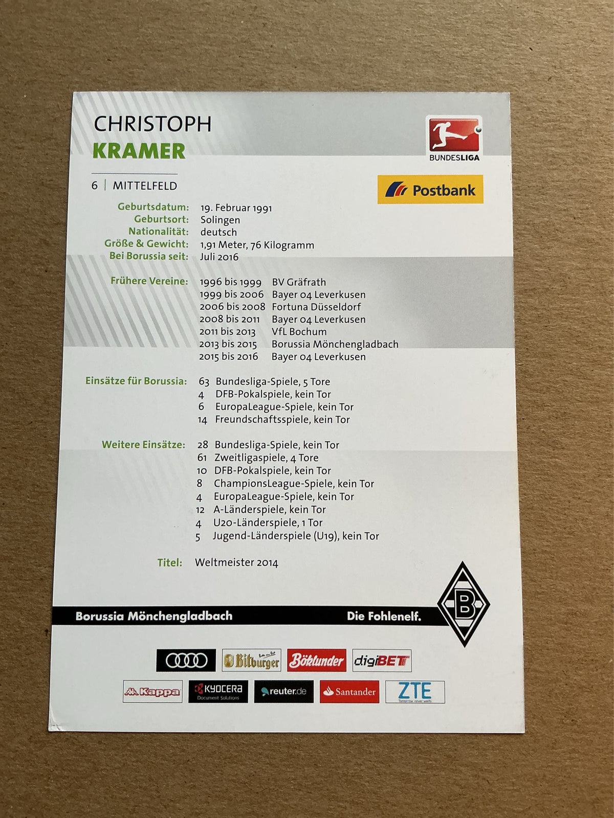 Christof Kramer, Germany 🇩🇪 Borussia Mönchengladbach 2018/19 hand signed