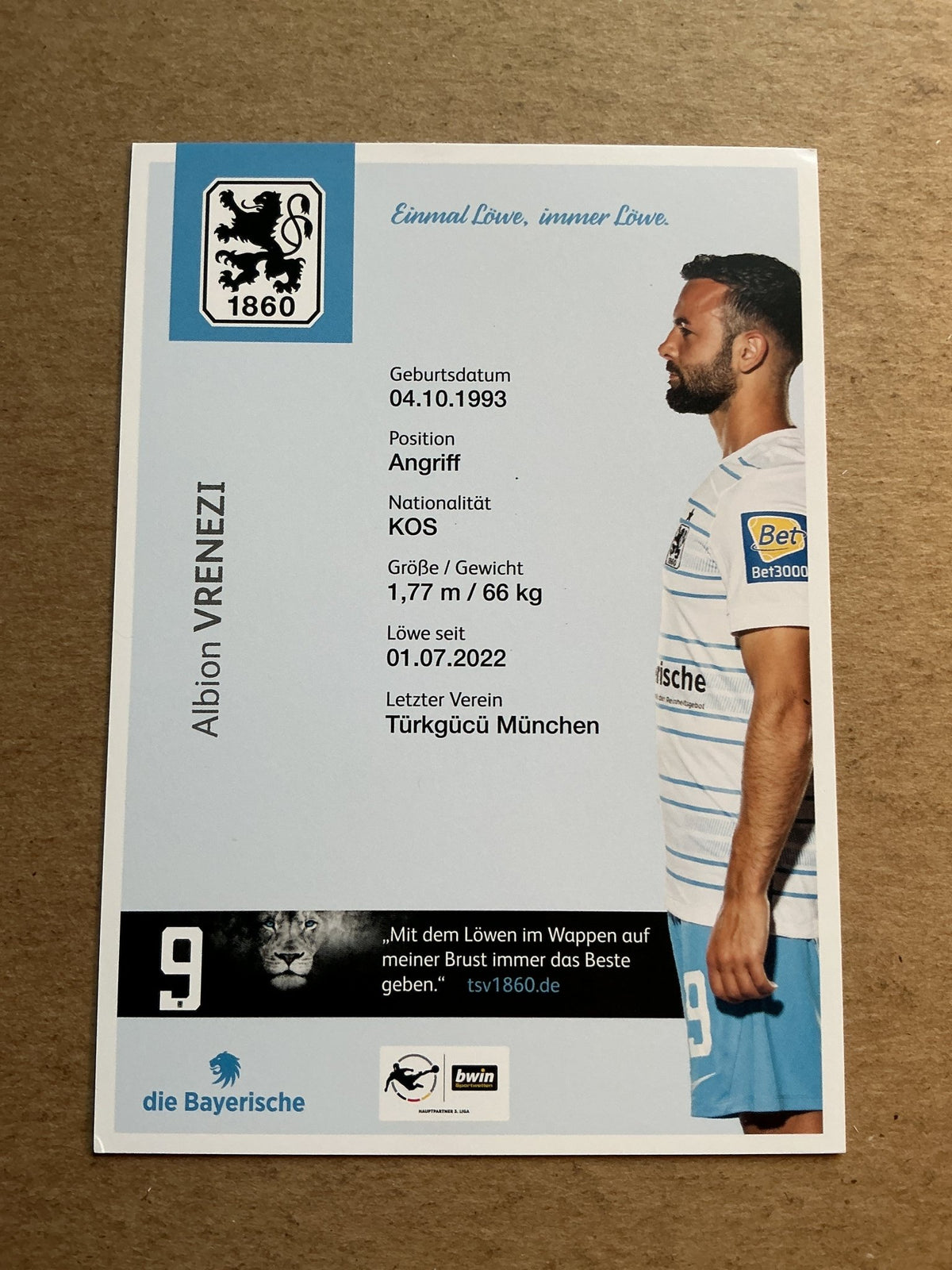 Albion Vrenezi, Kosovo 🇽🇰 TSV 1860 München 2022/23 hand signed - Autographs-World