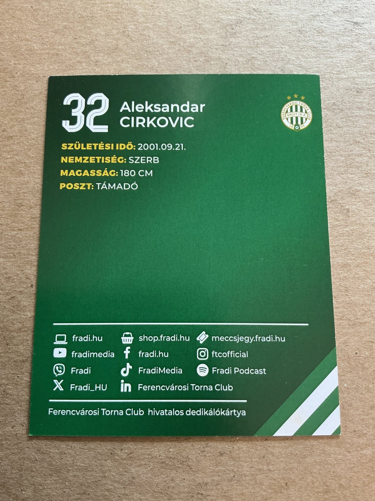 Aleksandar Cirkovic, Serbia ๐ท๐ธ Ferencvaros TC 2024/25 hand signed - Autographs-World