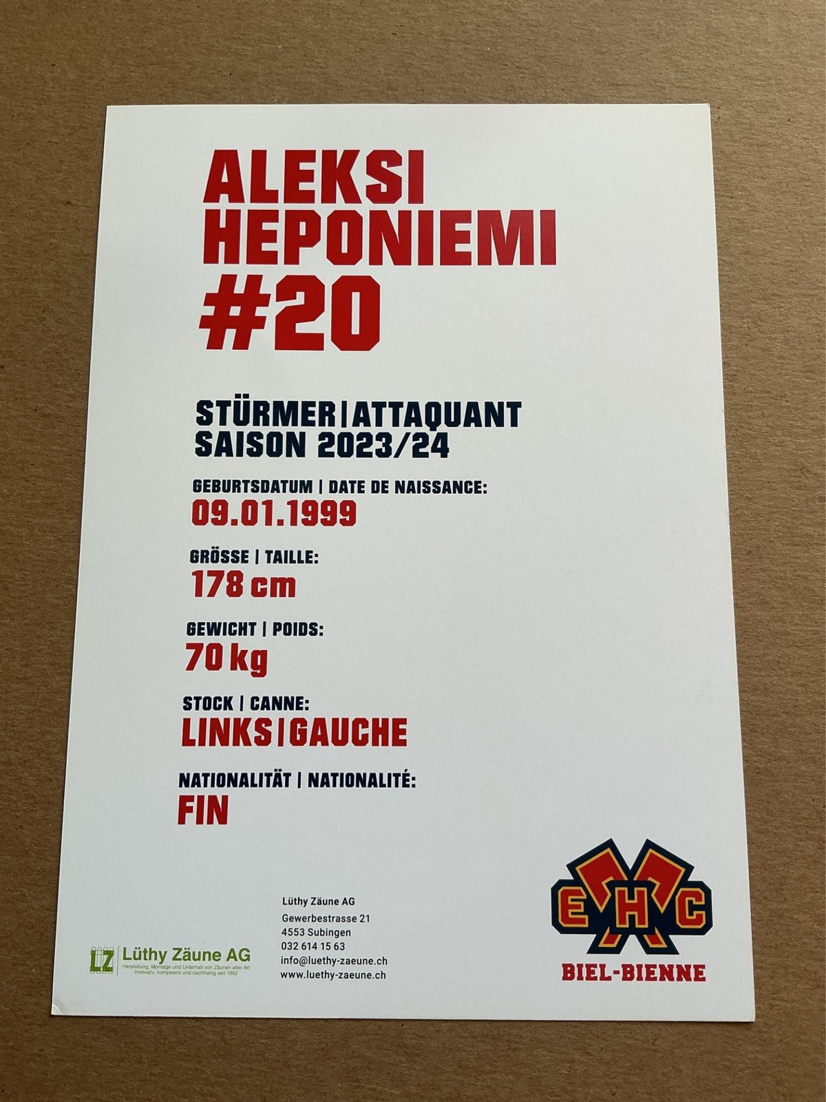 Aleksi Hieponiemi, Finland 🇫🇮 EHC Biel-Bienne 2023/24 hand signed - Autographs-World