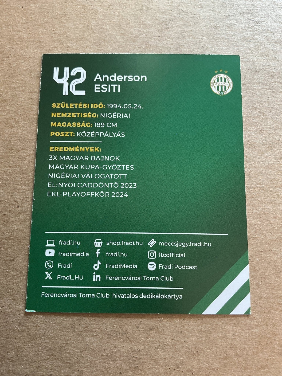 Anderson Esiti, Nigeria 🇳🇬 Ferencvaros TC 2024/25 hand signed - Autographs-World