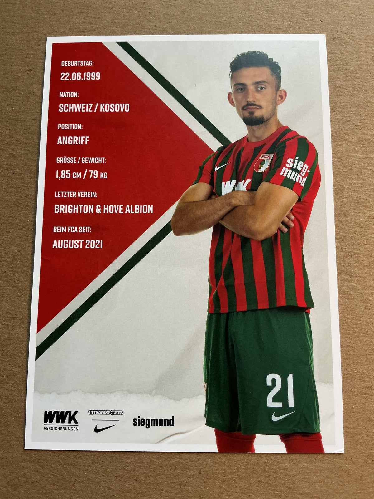 Andi Zeqiri, Switzerland 🇨🇠FC Augsburg 2021/22 hand signed - Autographs-World