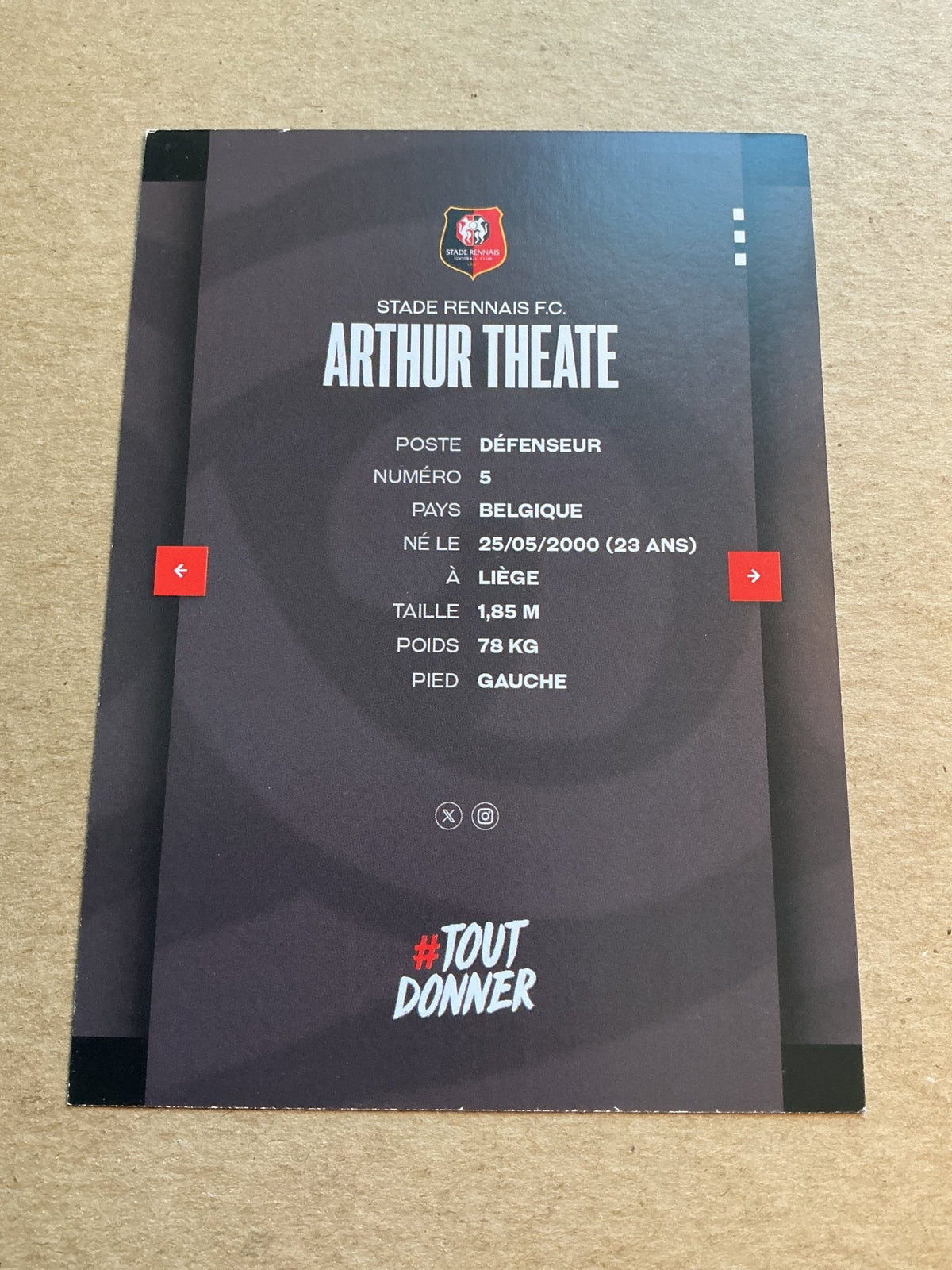 Arthur Theate, Belgium 🇧🇪 Stade Rennes FC 2023/24 hand signed - Autographs-World
