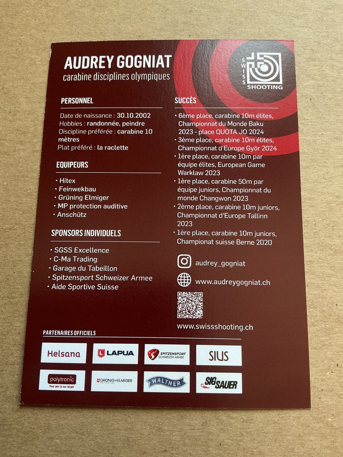 Audrey Gogniat, Switzerland 🇨🇭Shooting Summer Olympics 2024 hand signed - Autographs-World