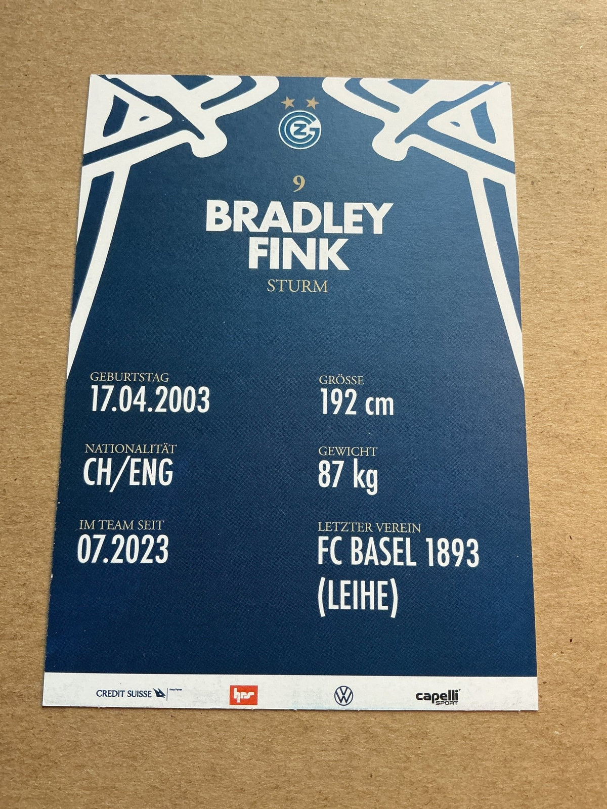 Bradley Fink, Switzerland 🇨🇭 Grasshopper Club Zürich 2023/24 hand signed - Autographs-World