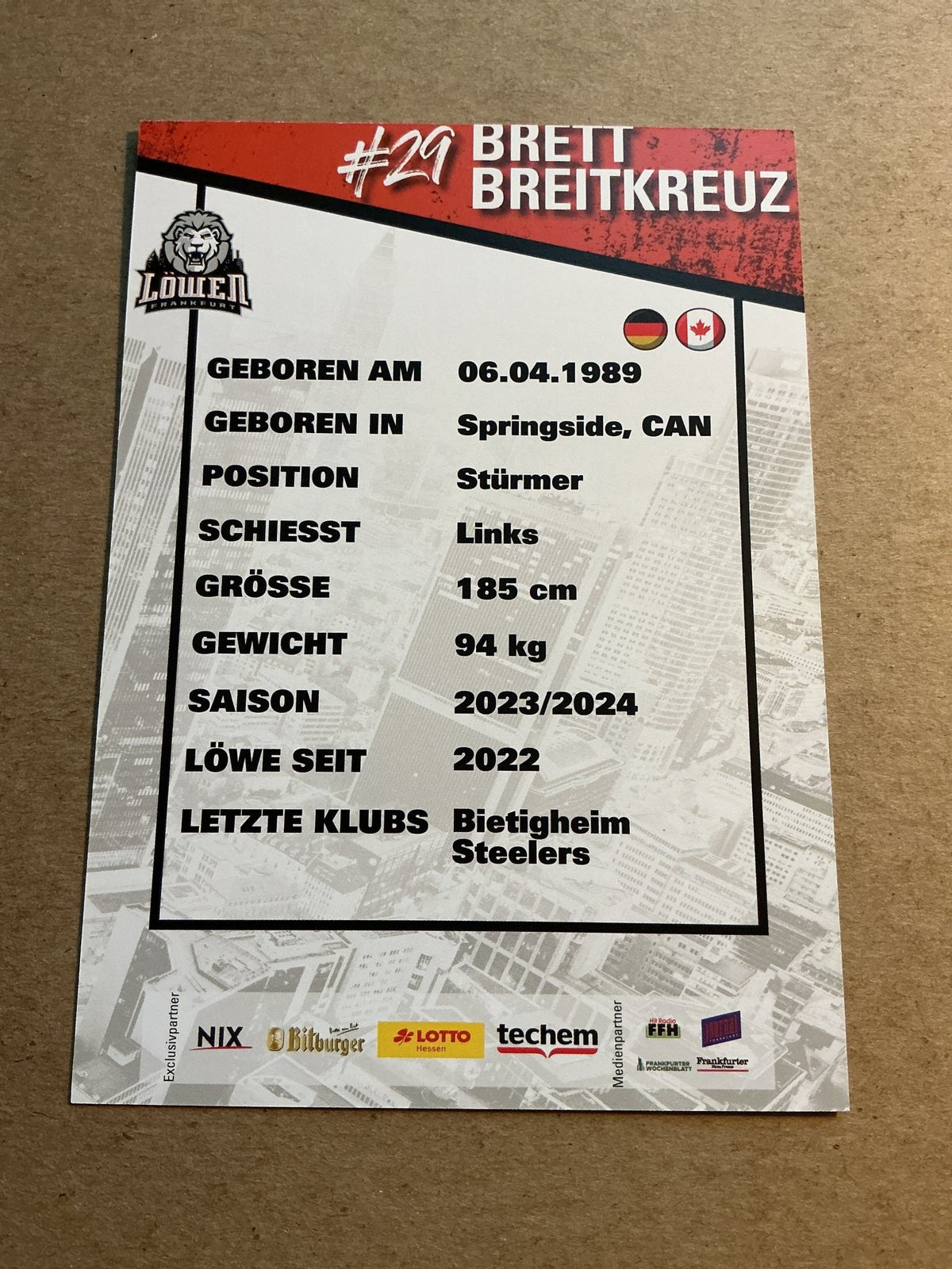Brett Breitkreuz, Canada 🇨🇦 Löwen Frankfurt 2023/24 hand signed - Autographs-World