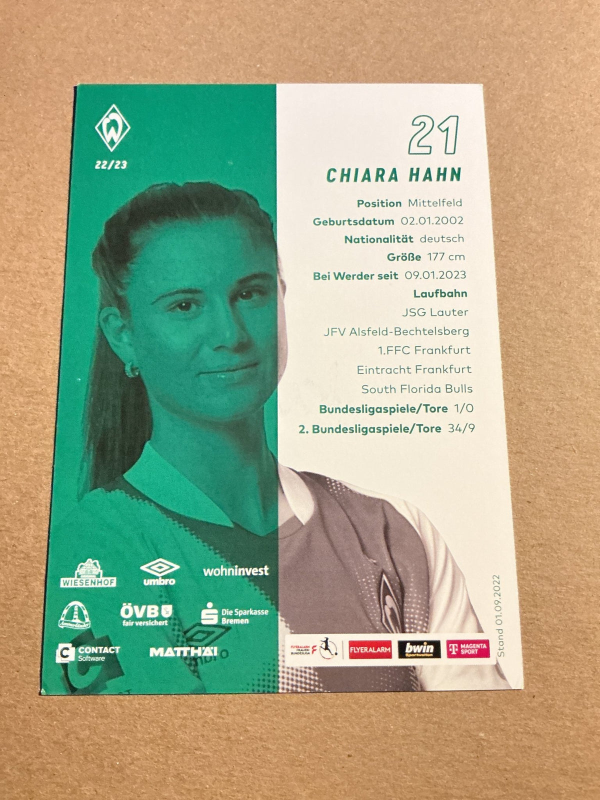 Chiara Hahn, Germany π©πͺ SV Werder Bremen 2022/23 hand signed - Autographs-World