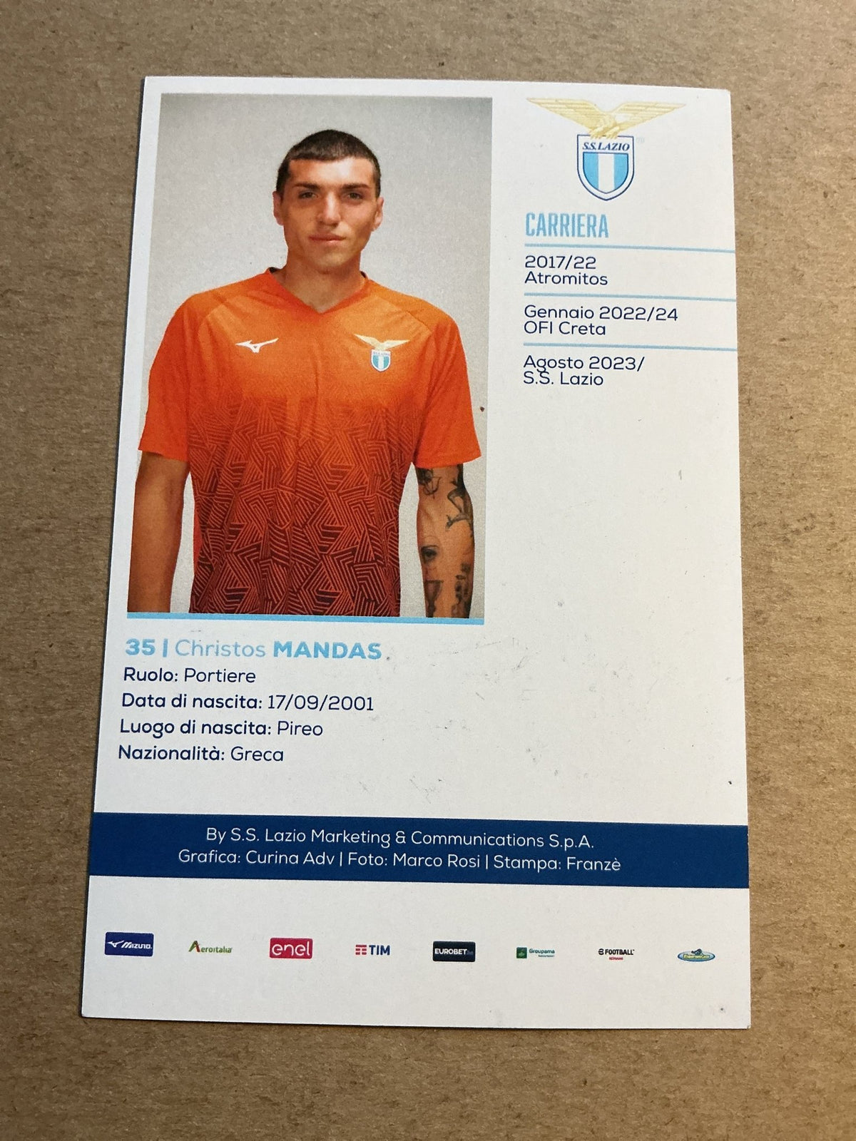 Christos Mandas, Greece π¬π· SS Lazio 2024/25 hand signed - Autographs-World