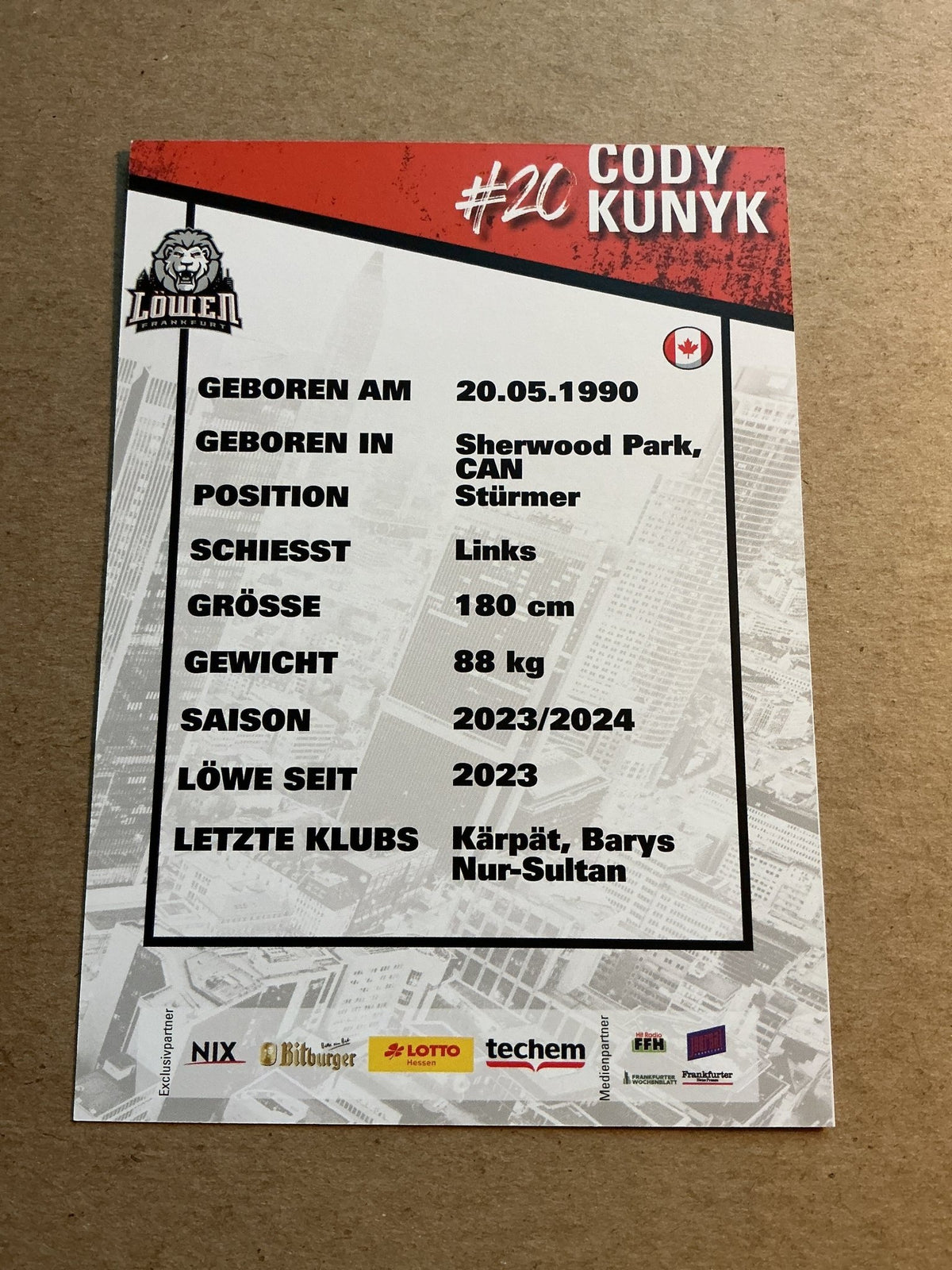 Cody Kunyk, Canada 🇨🇦 Löwen Frankfurt 2023/24 hand signed - Autographs-World
