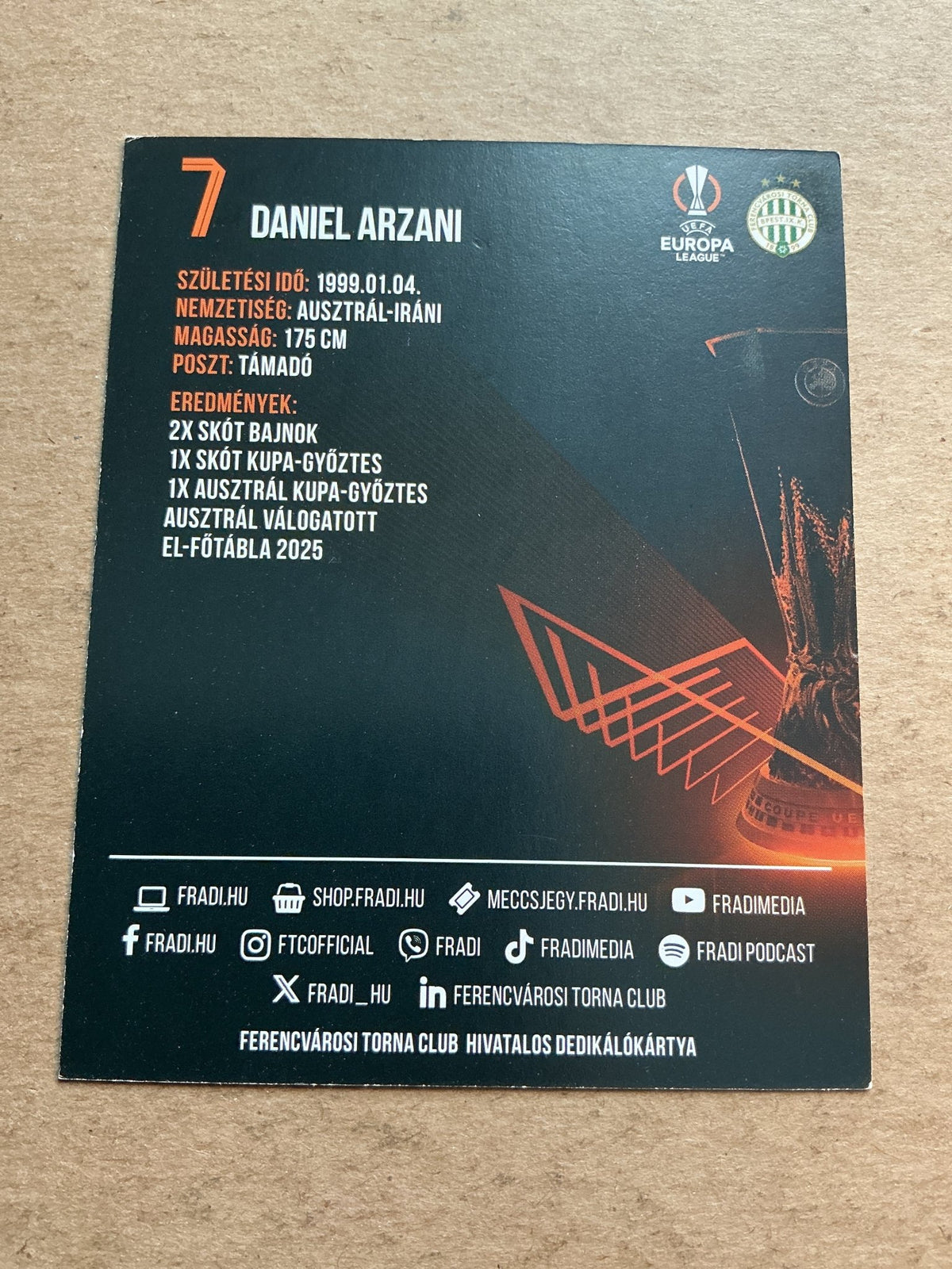 Daniel Arzani, Australia ๐ฆ๐บ Ferencvaros 2025/26 hand signed - Autographs-World