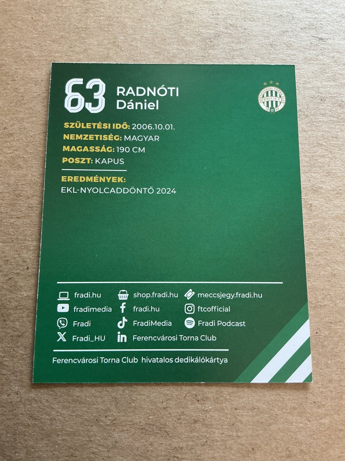 Daniel Radnoti, Hungary ðŸ‡ðŸ‡º Ferencvaros TC 2024/25 hand signed - Autographs-World
