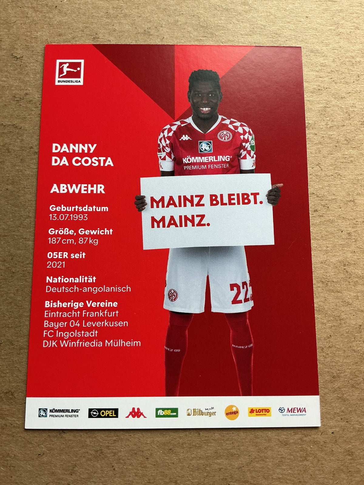 Danny da Costa, Germany 🇩🇪 FSV Mainz 05 2020/21 hand signed - Autographs-World