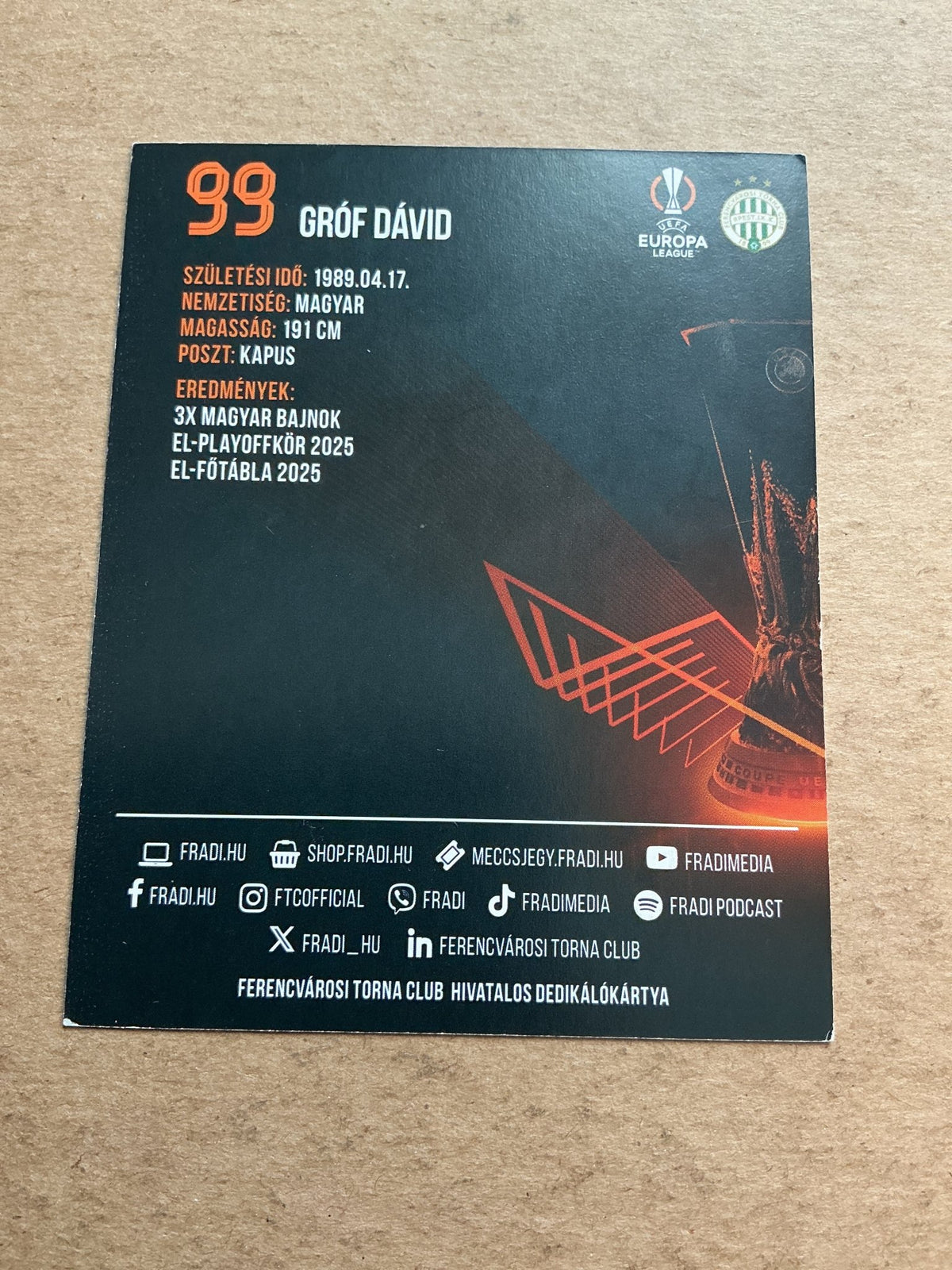Dávid Gróf, Hungary 🇭🇺 Ferencvaros 2025/26 hand signed - Autographs-World