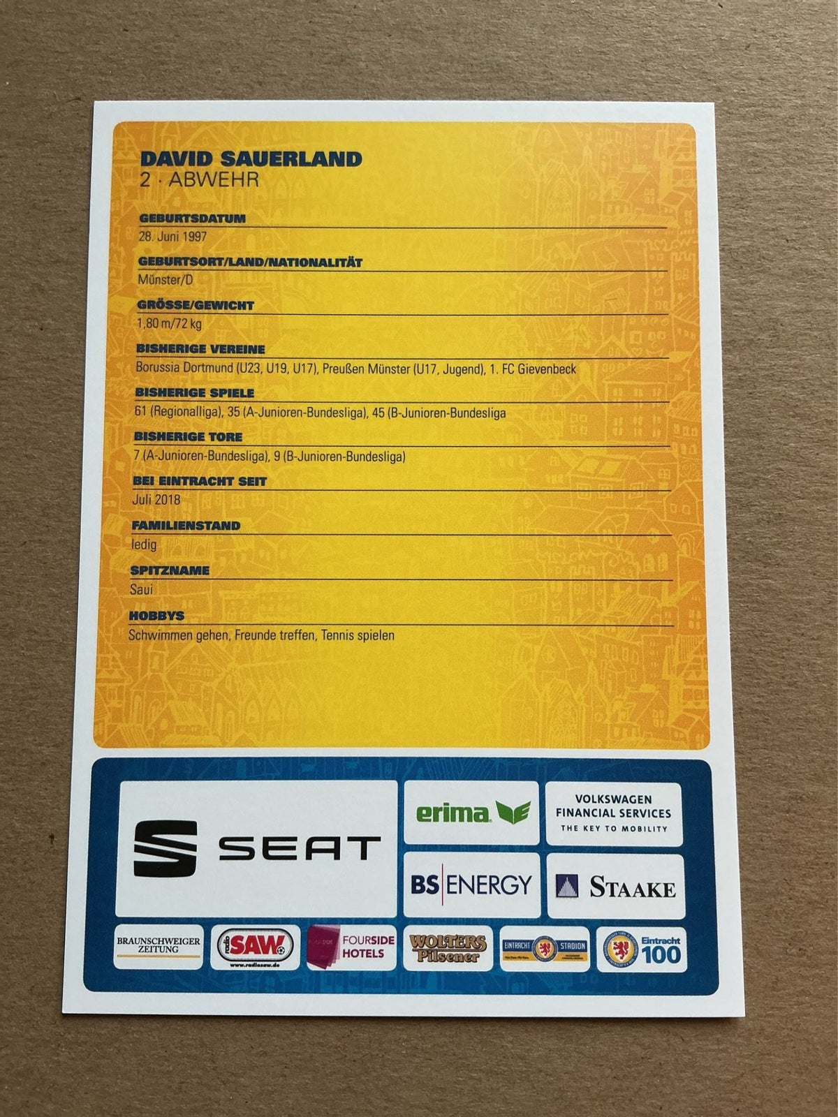 David Sauerland, Germany 🇩🇪 Eintracht Braunschweig 2018/19 hand signed - Autographs-World