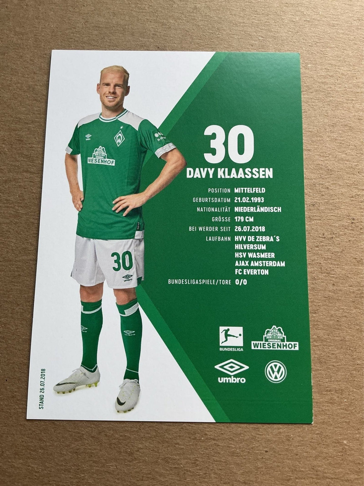Davy Klaassen, Netherlands 🇳🇱 SV Werder Bremen 2018/19 hand signed - Autographs-World