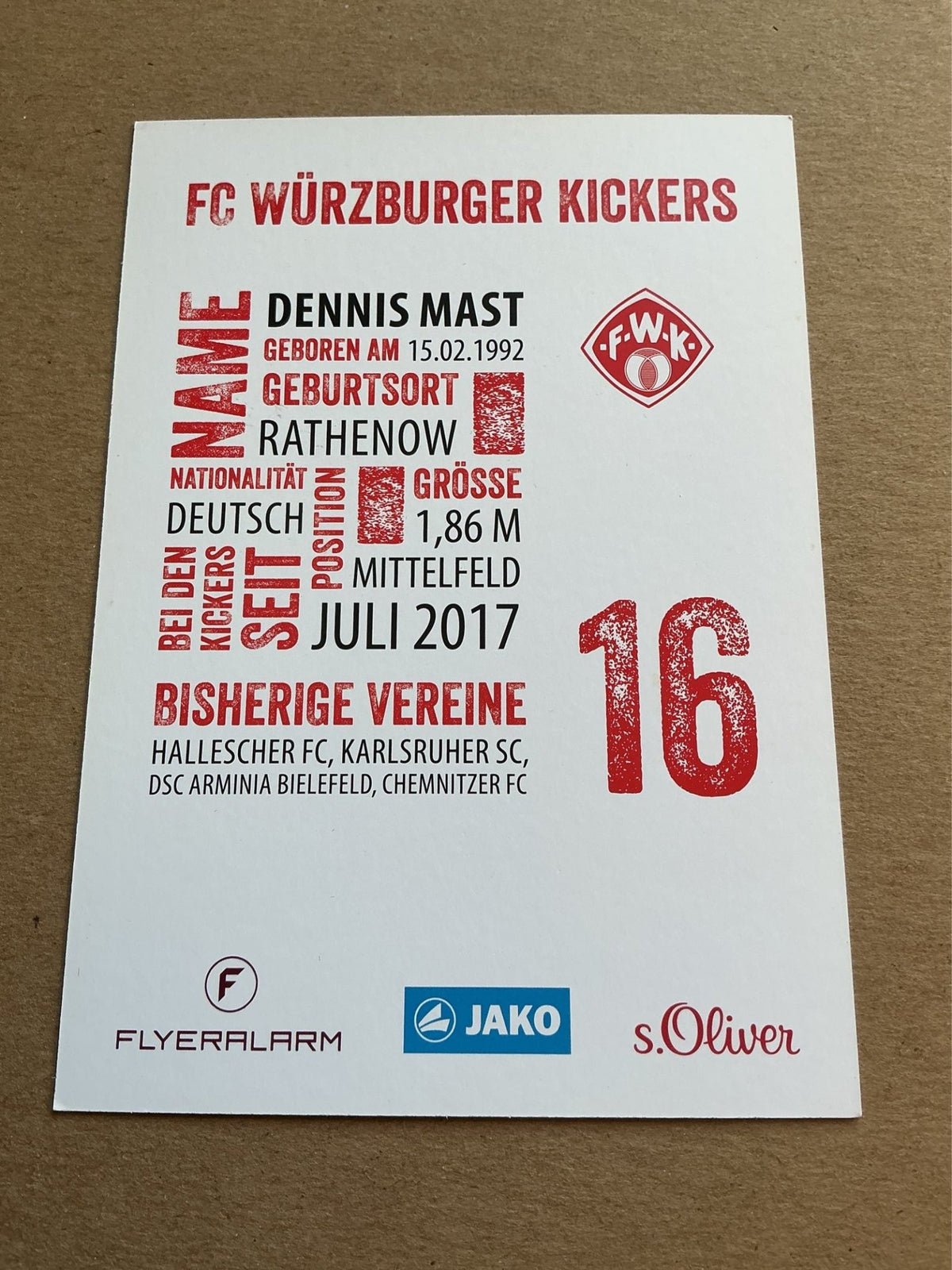 Dennis Mast, Germany 🇩🇪 FC Würzburger Kickers 2017/18 hand signed - Autographs-World