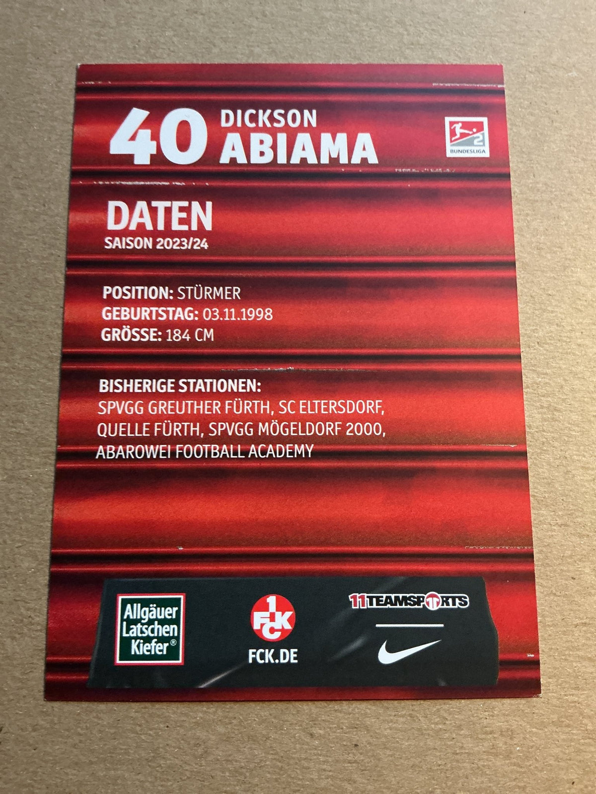 Dickson Abiama, Nigeria 🇳🇬 1.FC Kaiserslautern 2023/24 hand signed - Autographs-World