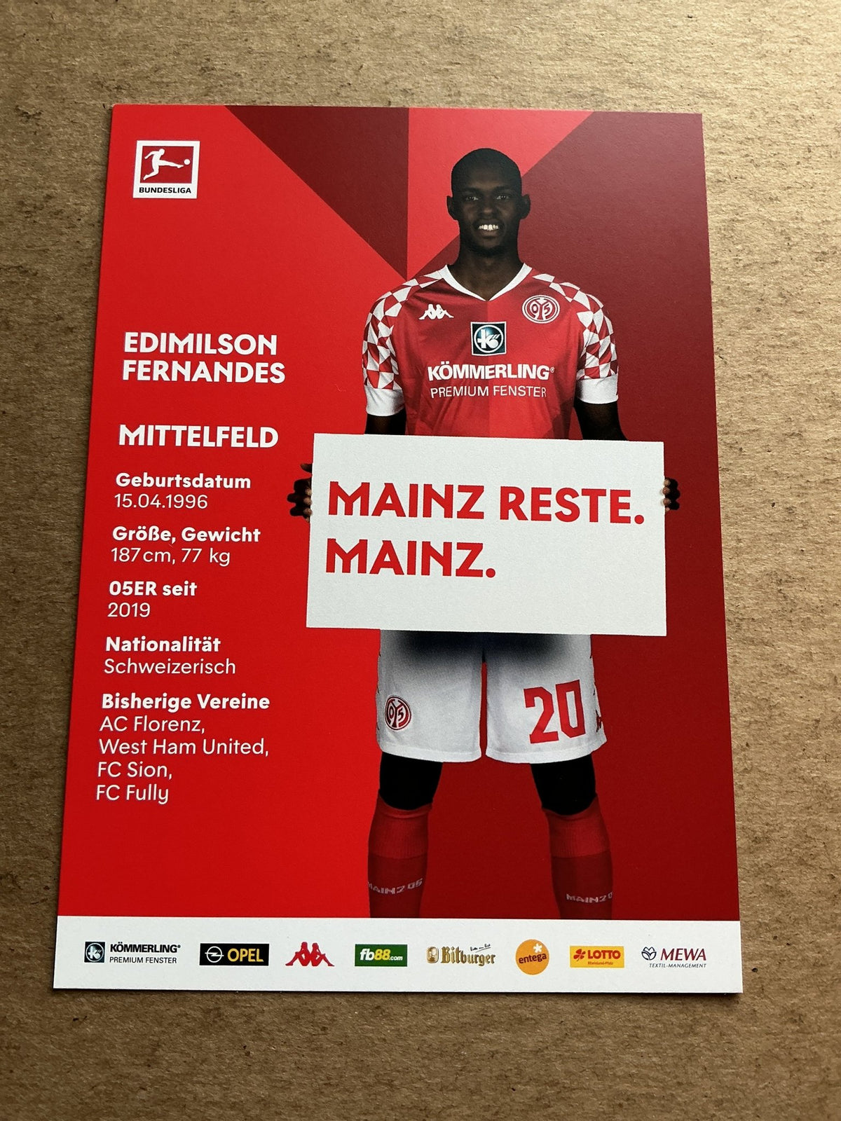 Edmilson Fernandes, Switzerland 🇨🇠FSV Mainz 05 2020/21 hand signed - Autographs-World