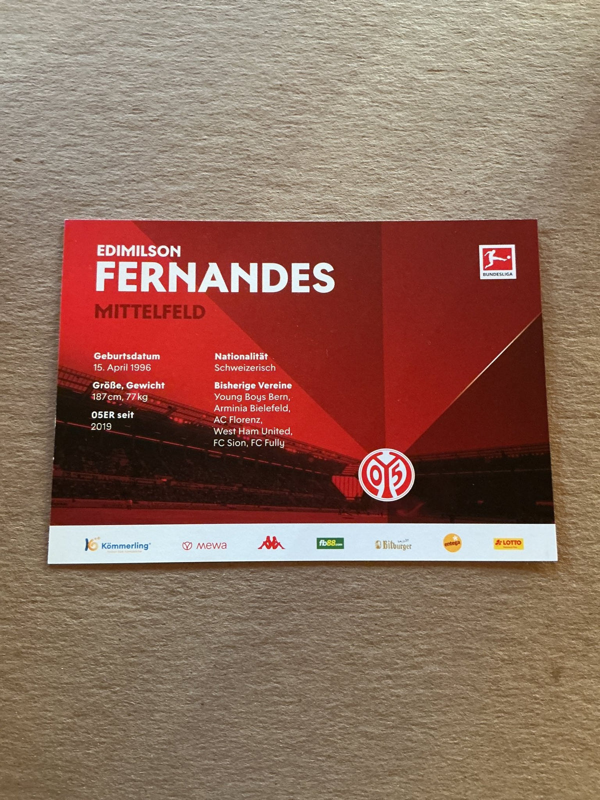 Edmilson Fernandes, Switzerland 🇨🇠FSV Mainz 05 2022/23 hand signed - Autographs-World
