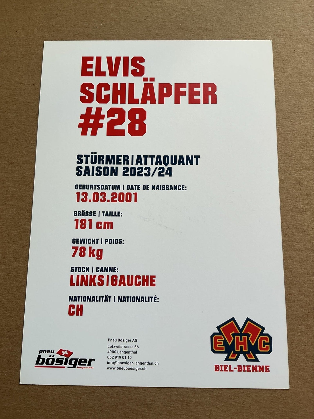 Elvis Schläpfer, Switzerland 🇨🇭 EHC Biel-Bienne 2023/24 hand signed - Autographs-World