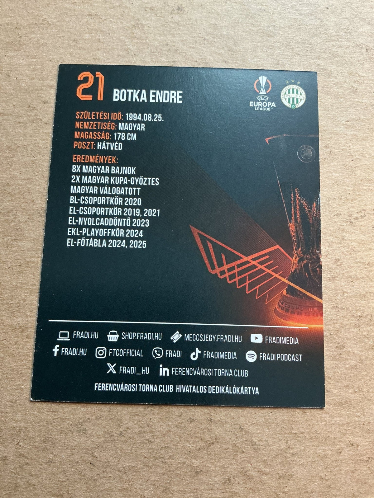 Endre Botka, Hungary ðŸ‡ðŸ‡º Ferencvaros 2025/26 hand signed - Autographs-World