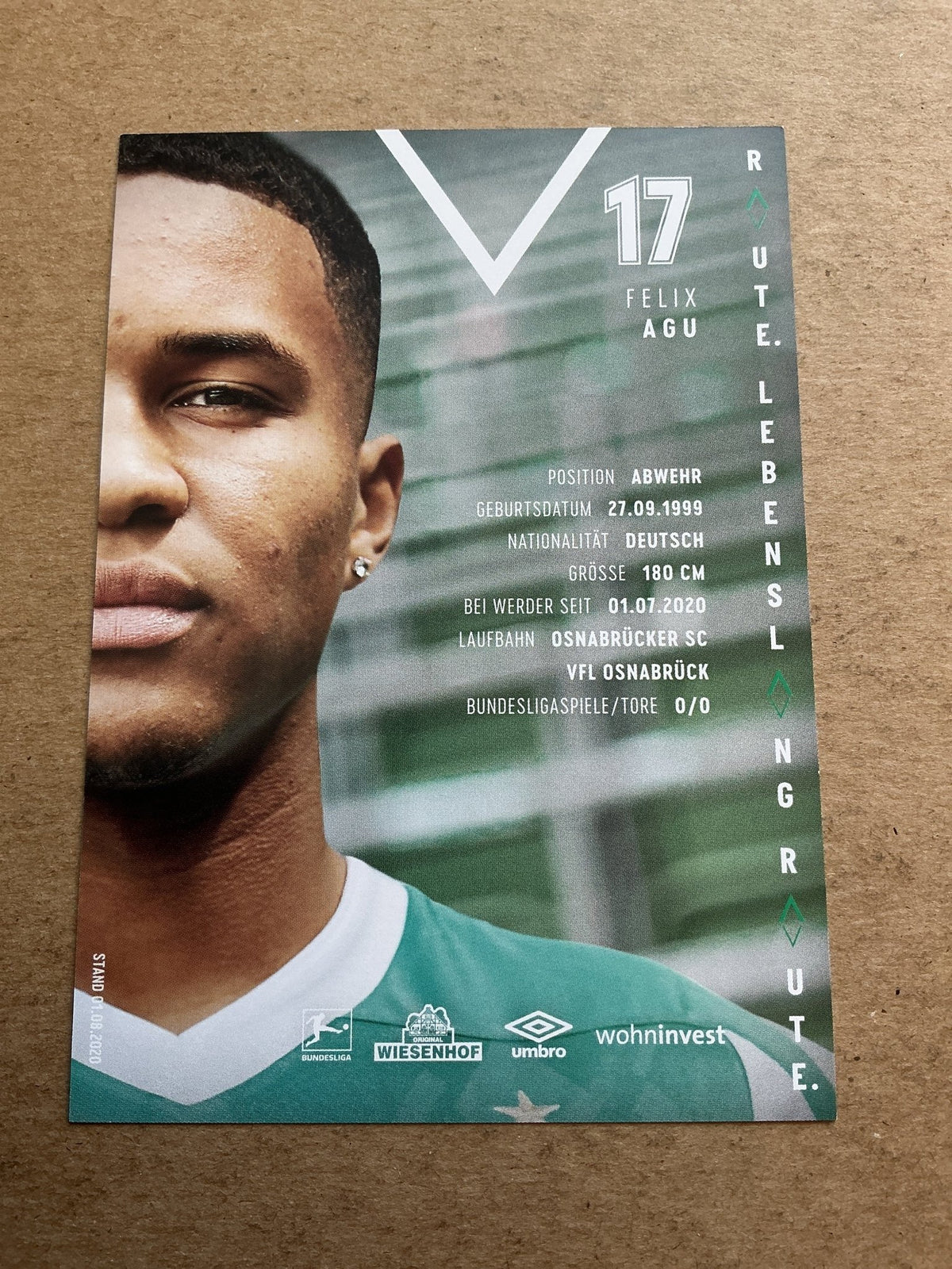 Felix Agu, Germany 🇩🇪 SV Werder Bremen 2020/21 hand signed - Autographs-World