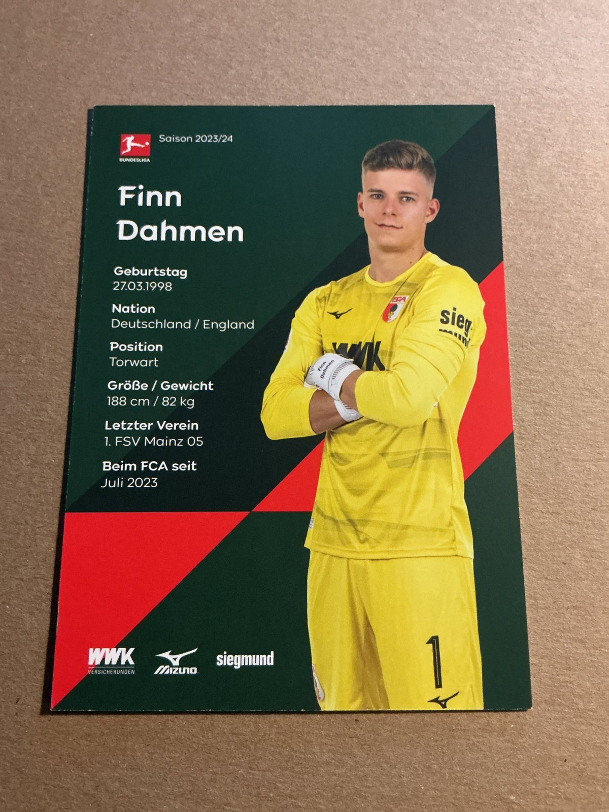 Finn Dahmen, Germany 🇩🇪 FC Augsburg 2023/24 hand signed - Autographs-World