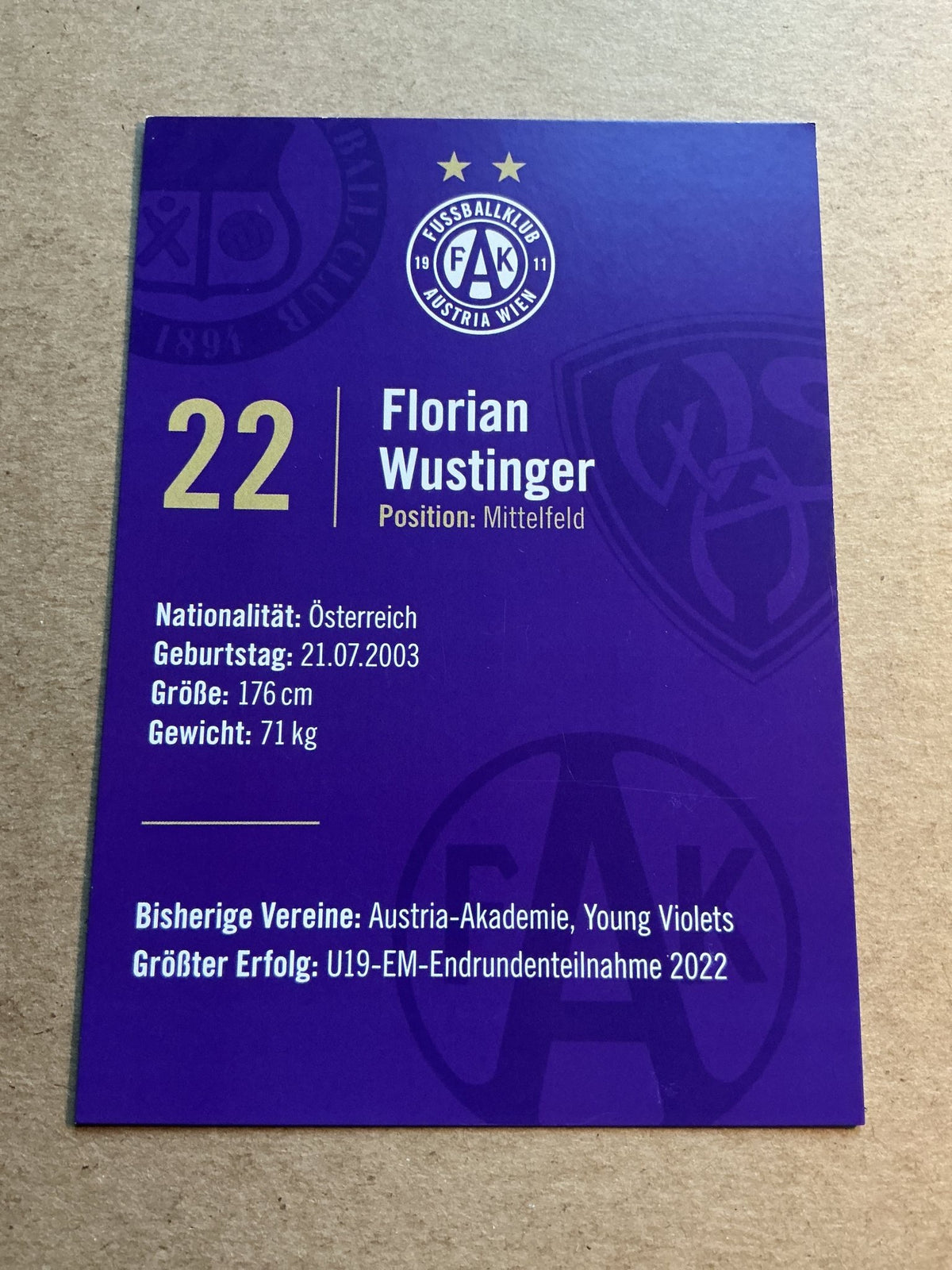 Florian Wustinger, Austria 🇦🇹 FK Austria Wien 2023/24 hand signed - Autographs-World