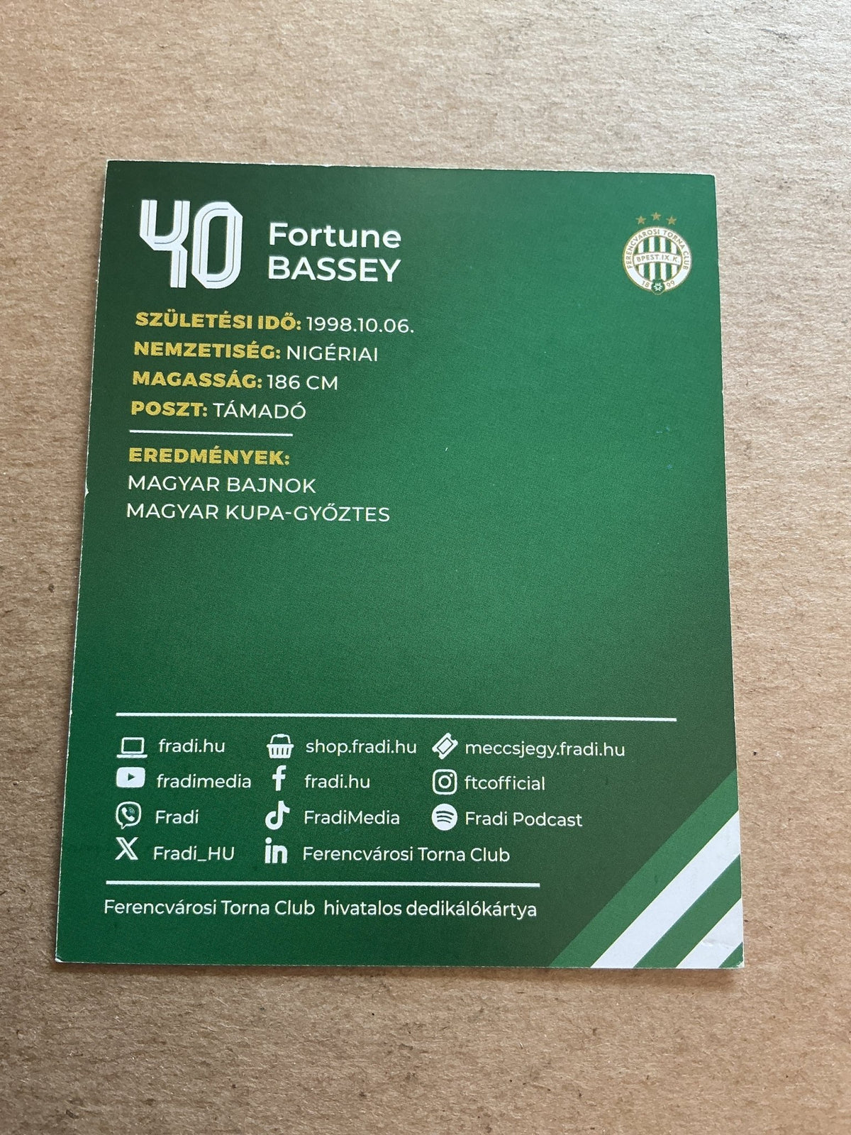 Fortune Bassey, Nigeria 🇳🇬 Ferencvaros TC 2024/25 hand signed - Autographs-World