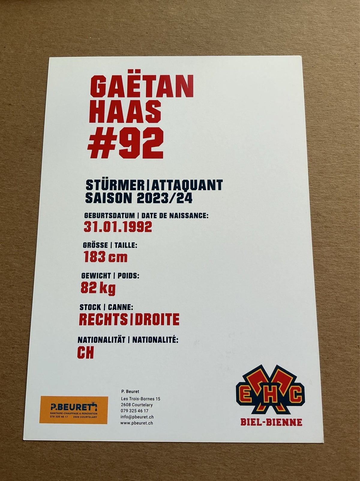 Gaëtan Haas, Switzerland 🇨🇭 EHC Biel-Bienne 2023/24 hand signed - Autographs-World