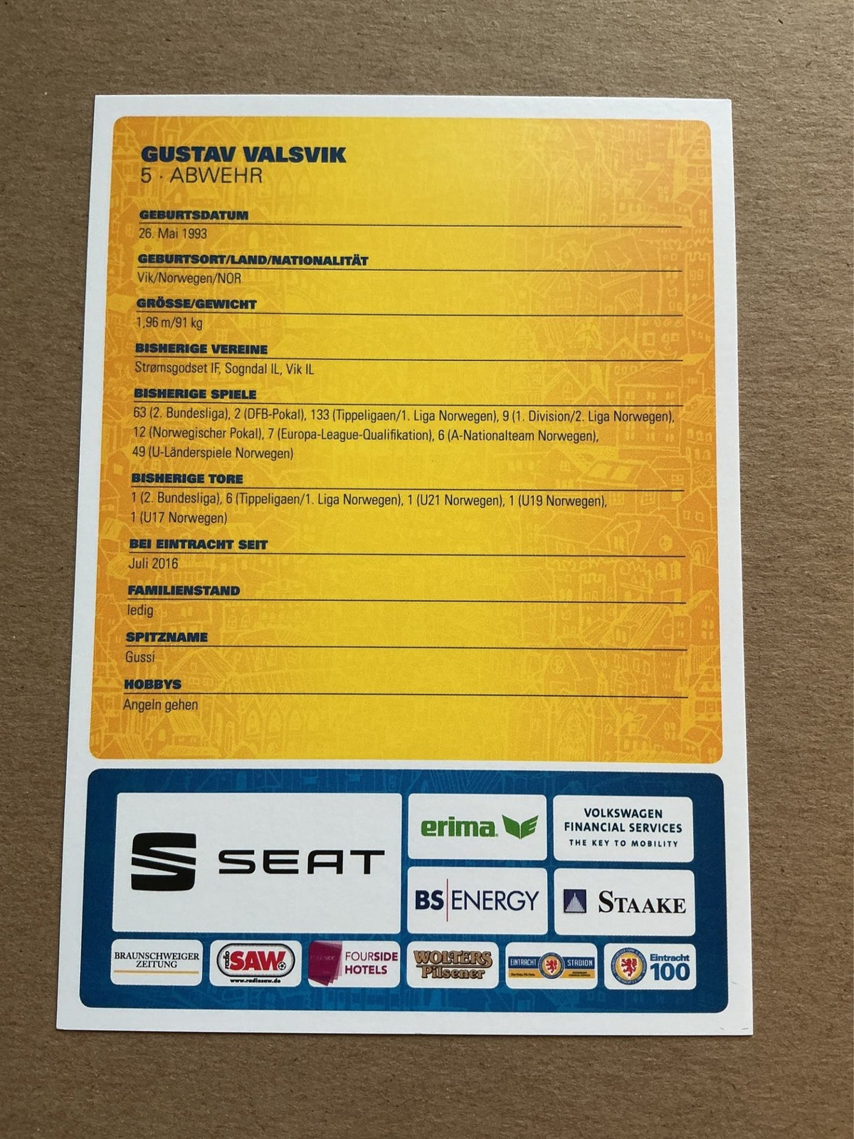 Gustav Valsvik, Norway 🇳🇴 Eintracht Braunschweig 2018/19 hand signed - Autographs-World
