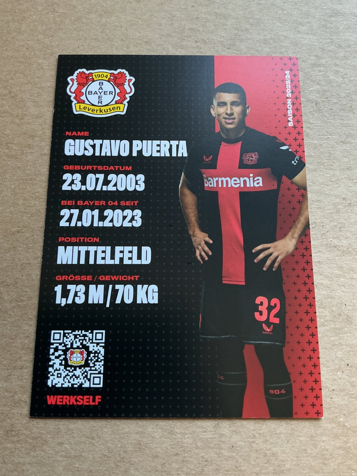 Gustavo Puerta, Colombia 🇨🇴 Bayer 04 Leverkusen 2023/24 hand signed - Autographs-World