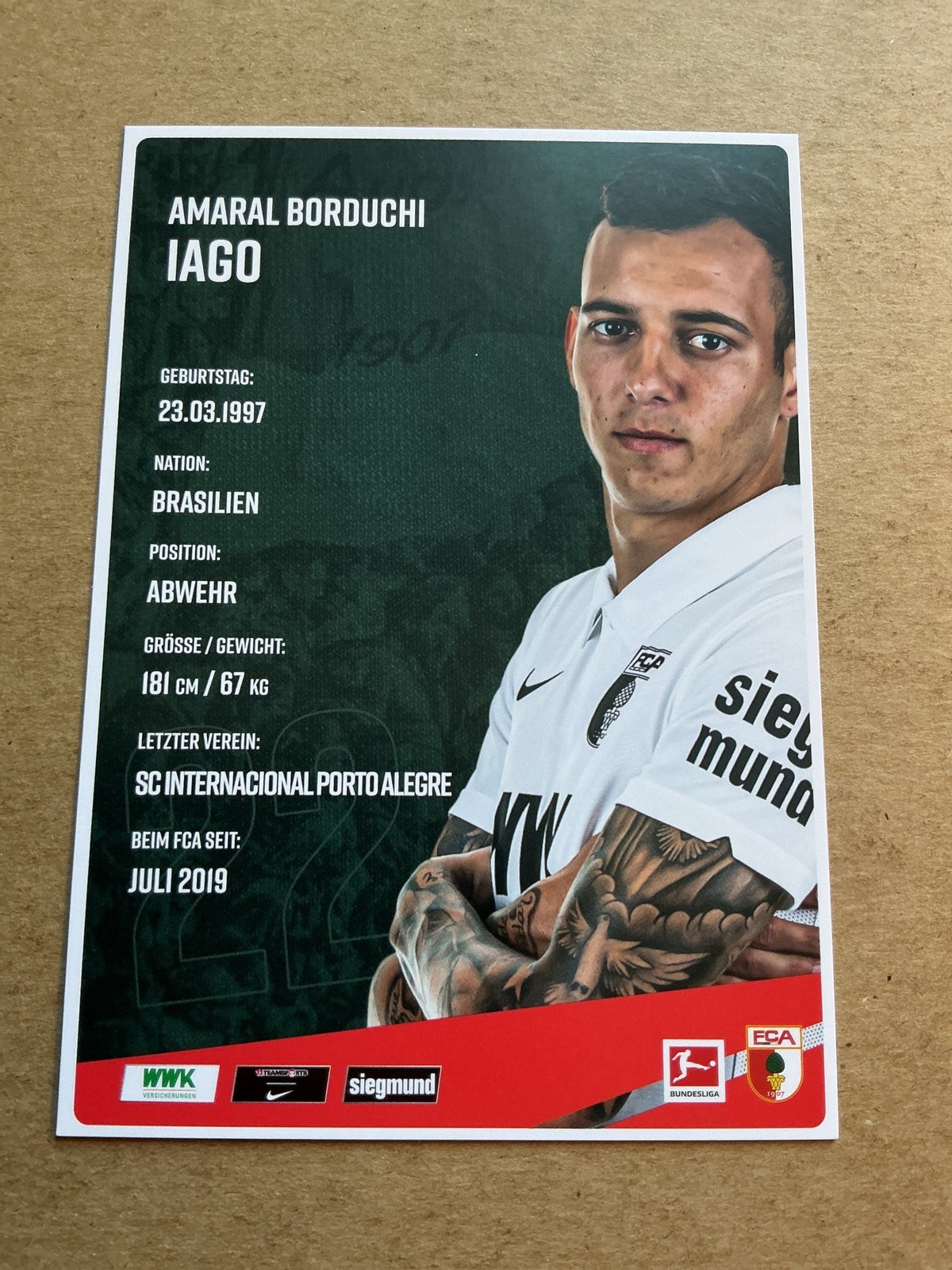 Iago, Brazil 🇧🇷 FC Augsburg 2020/21 hand signed - Autographs-World