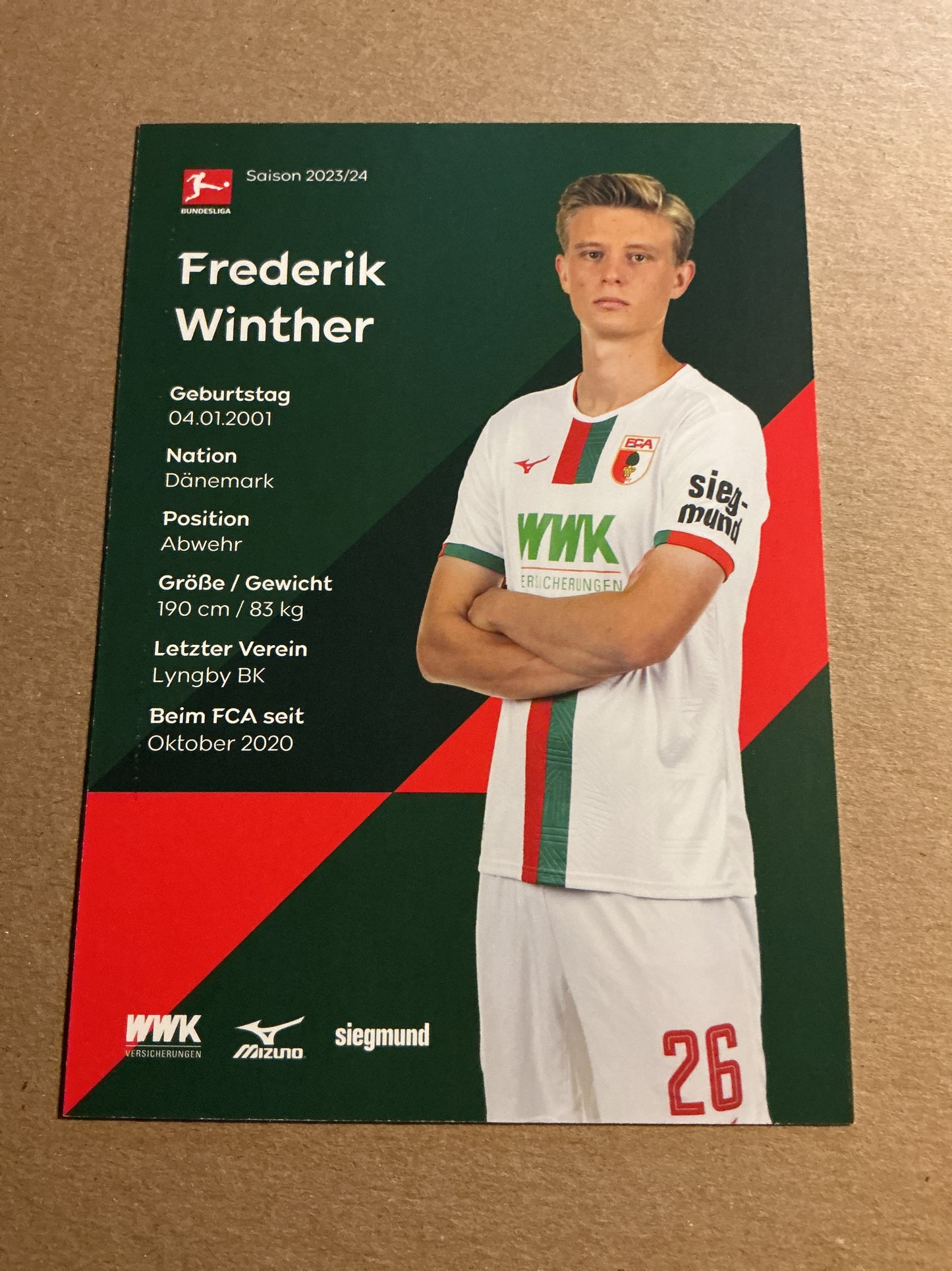 Frederik Winther, Denmark 🇩🇰 FC Augsburg 2023/24 hand signed