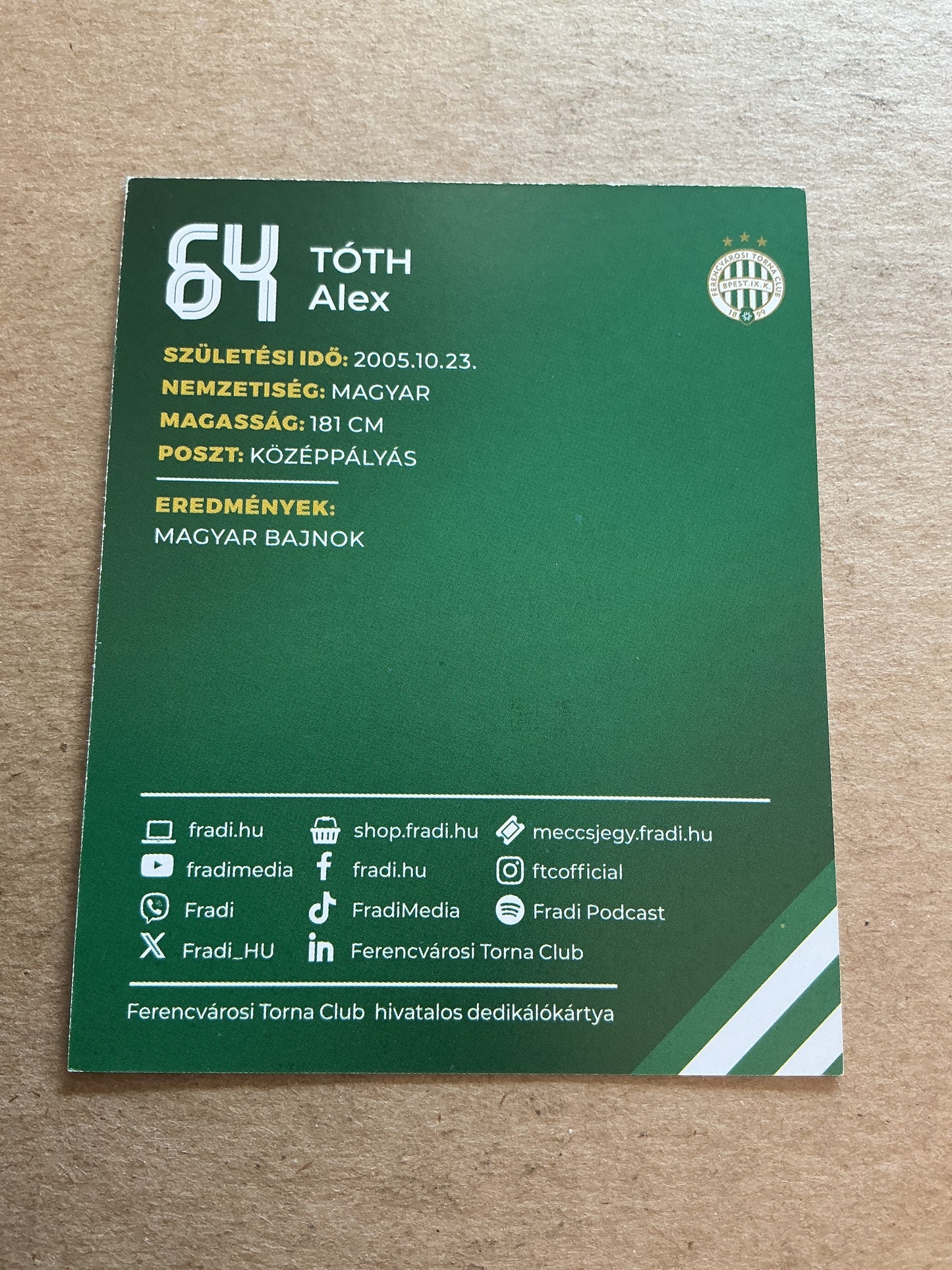 Alex Toth, Hungary 🇭🇺 Ferencvaros TC 2024/25 hand signed