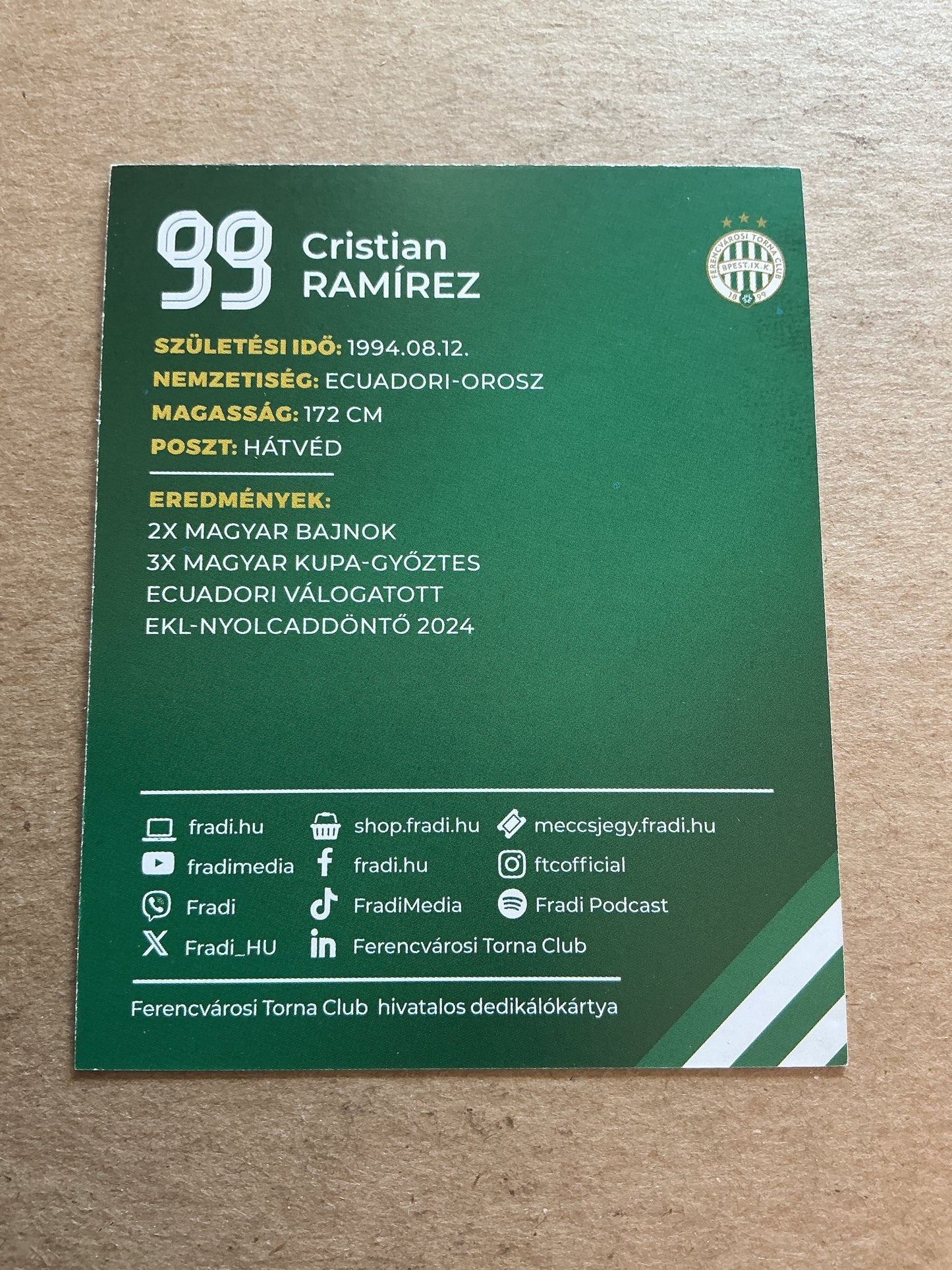 Cristian Ramirez, Ecuador 🇪🇨 Ferencvaros TC 2024/25 hand signed