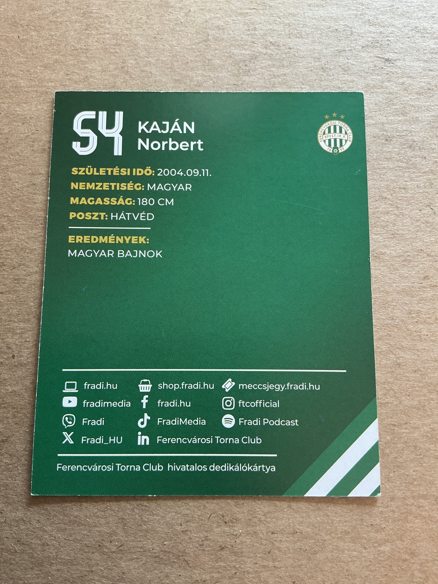 Norbert Kajan, Hungary 🇭🇺 Ferencvaros TC 2024/25 hand signed