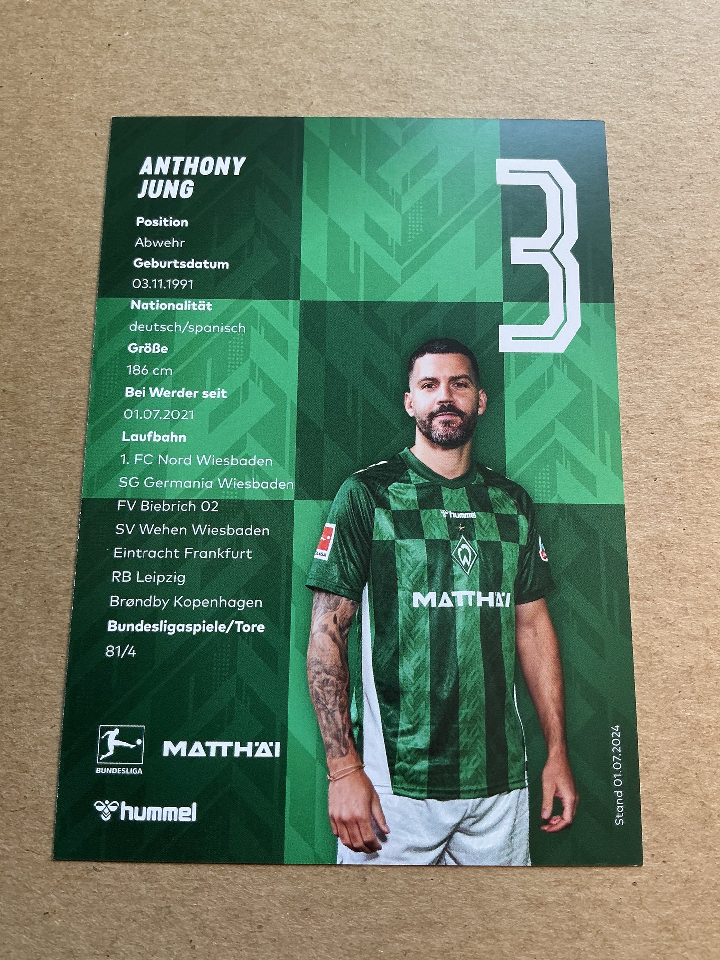 Anthony Jung, Germany π©πͺ SV Werder Bremen 2024/25 hand signed