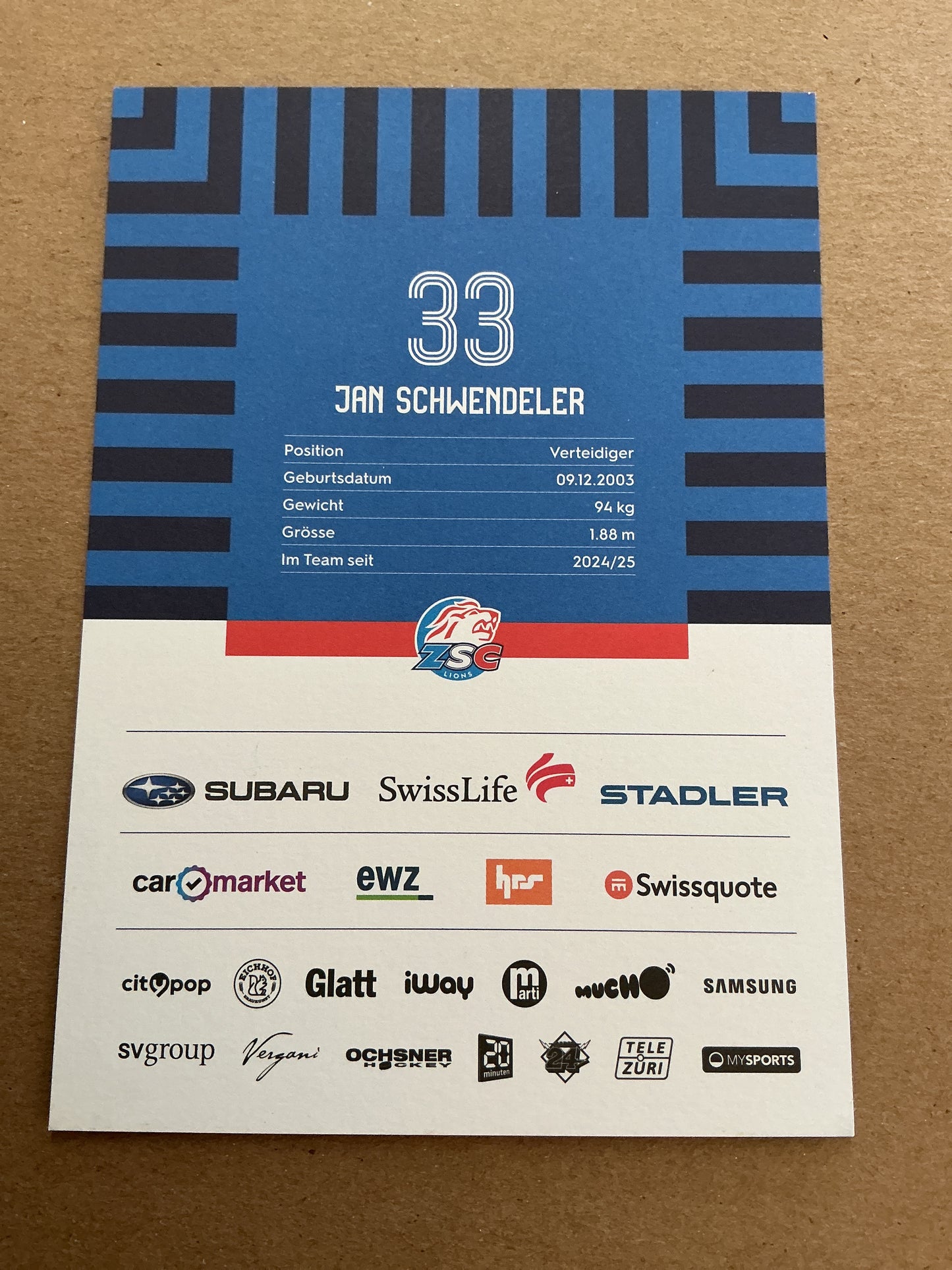 Jan Schwendeler, Switzerland π¨π ZSC Lions 2025/26 hand signed