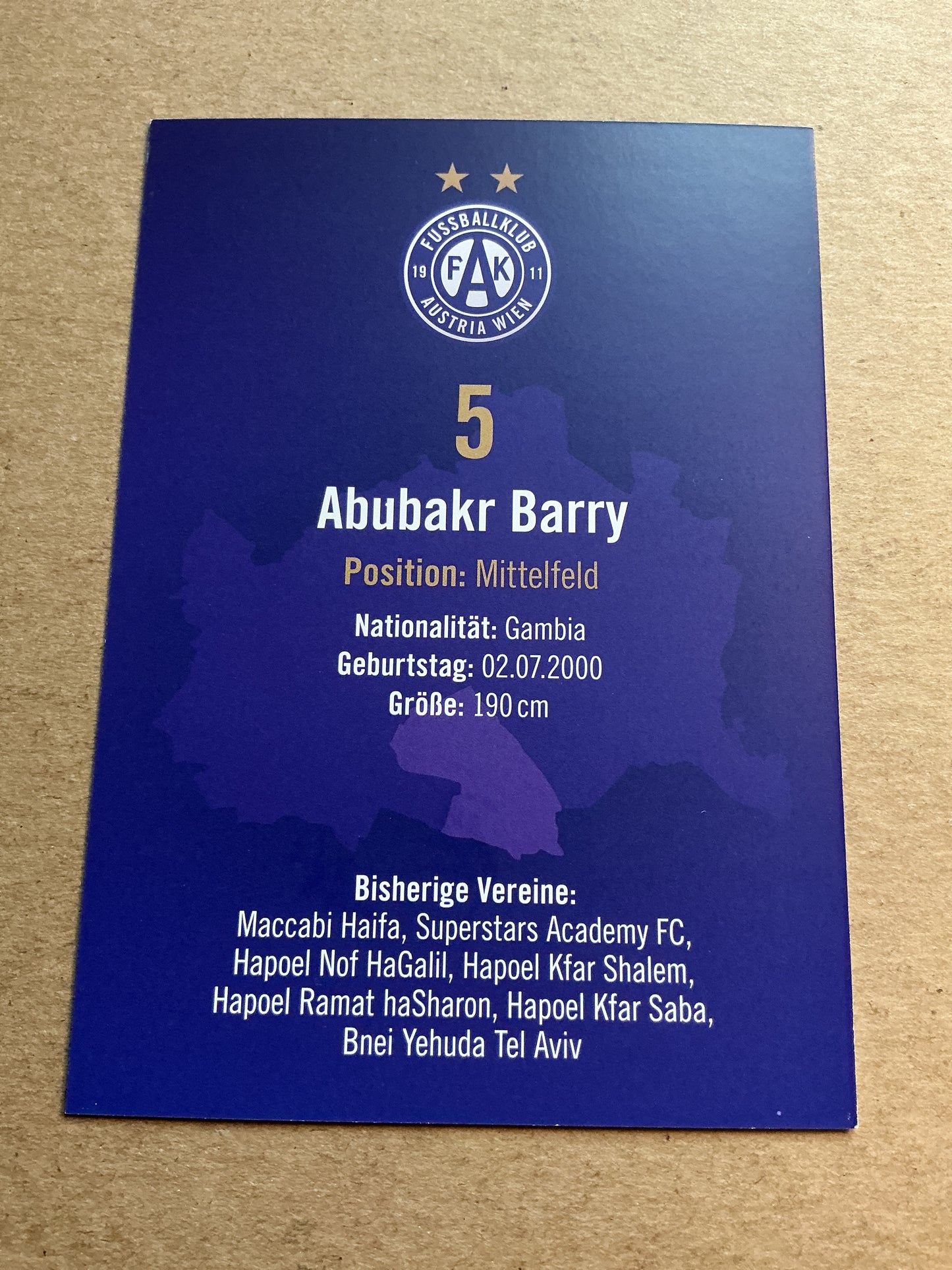 Abubakr Barry, Gambia 🇬🇲 Austria Wien 2024/25 hand signed