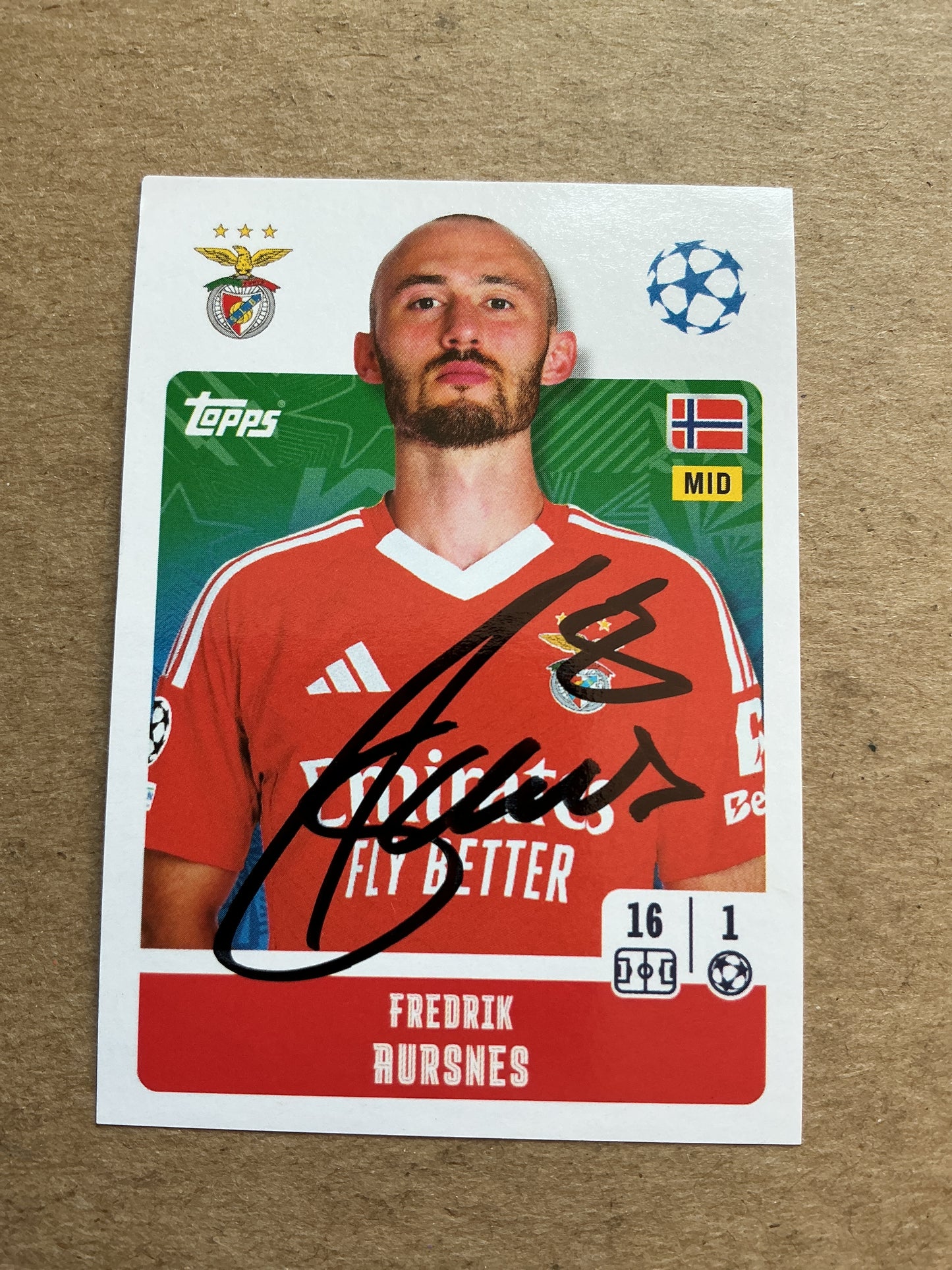 Fredrik Aursnes, Norway 🇳🇴 SL Benfica 2024/25 Topps hand signed