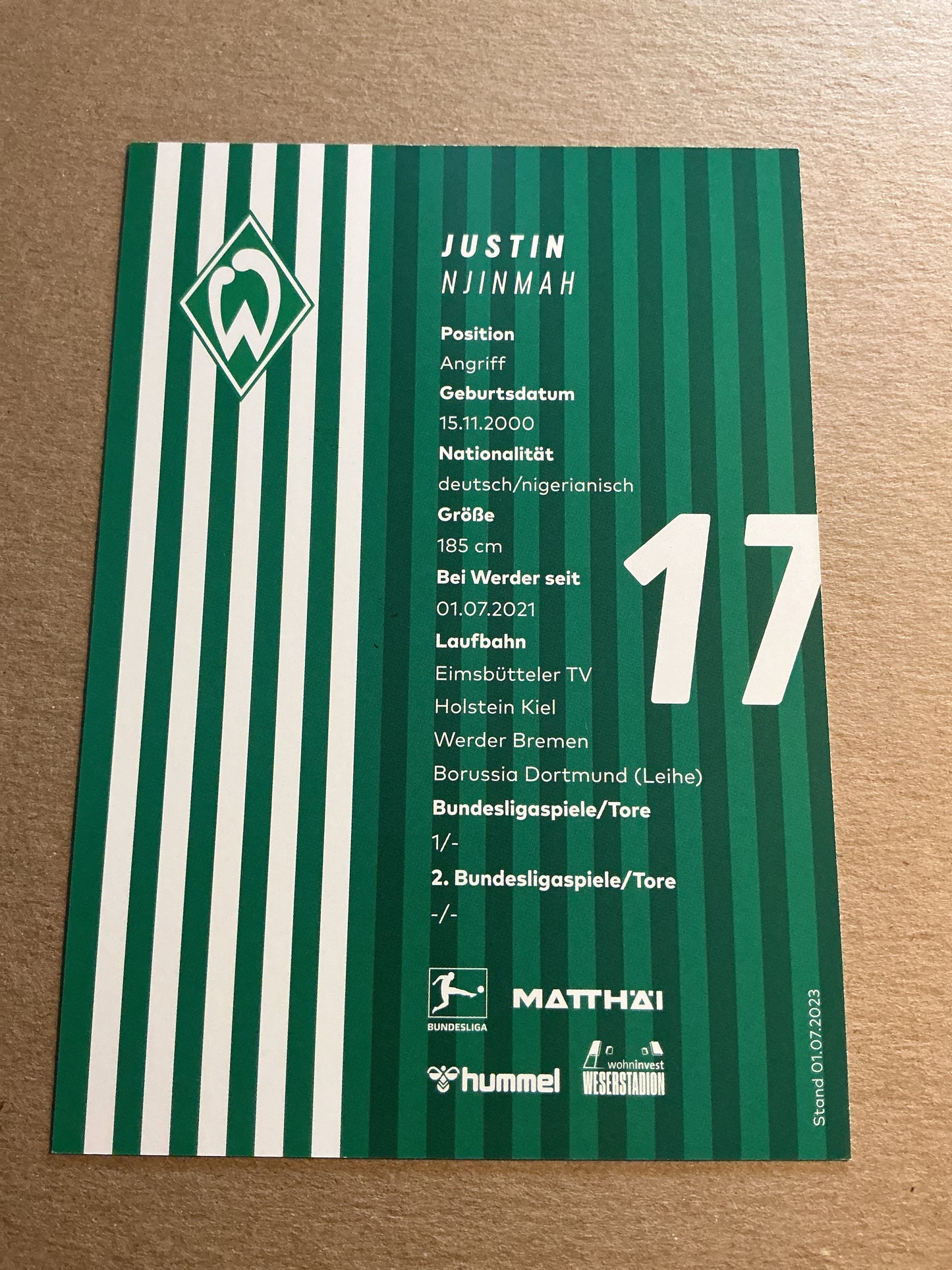 Justin Njinmah, Germany π©πͺ SV Werder Bremen 2023/24 hand signed