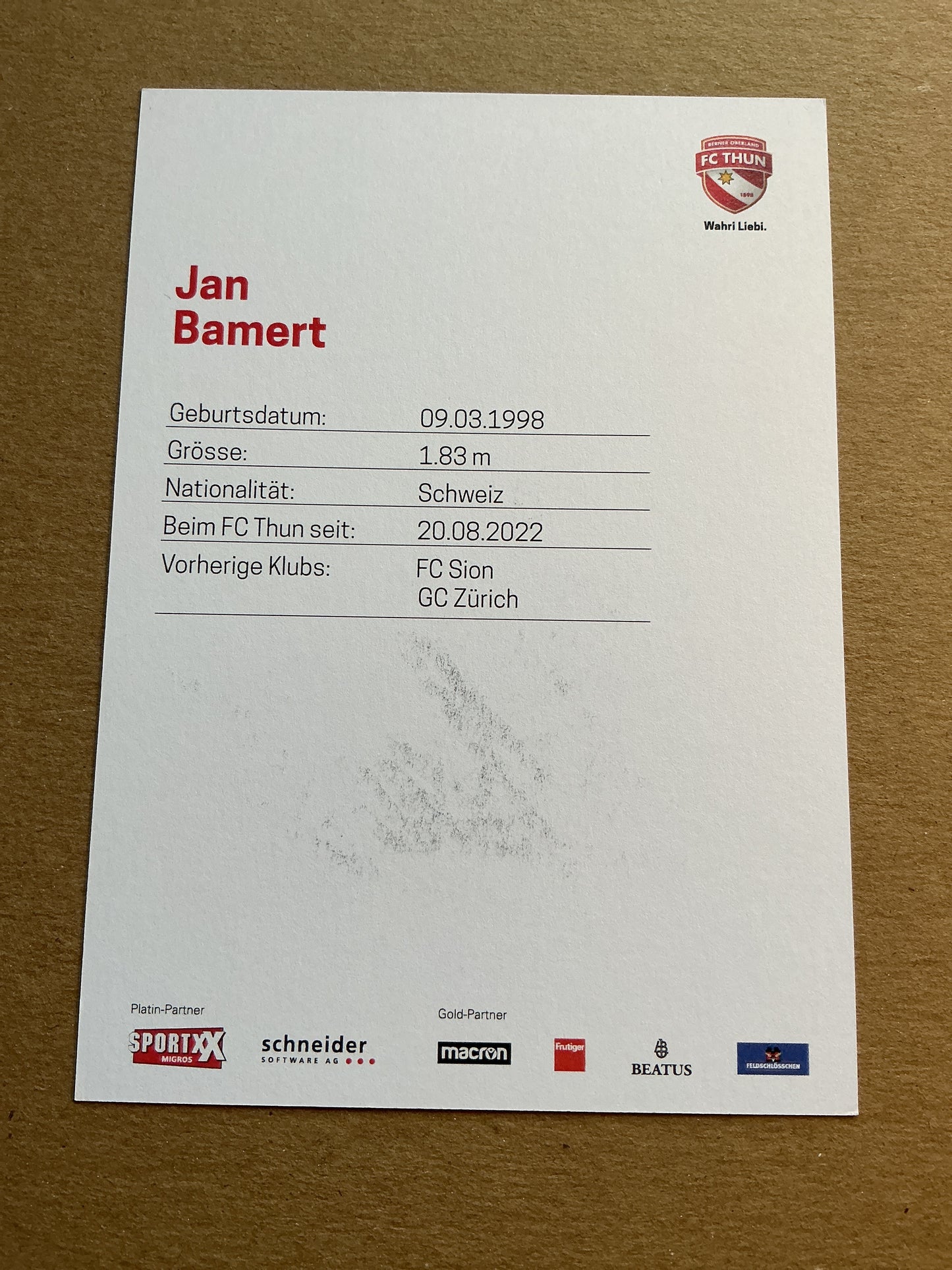 Jan Bamert, Switzerland 🇨🇭 FC Thun 2022/23 hand signed