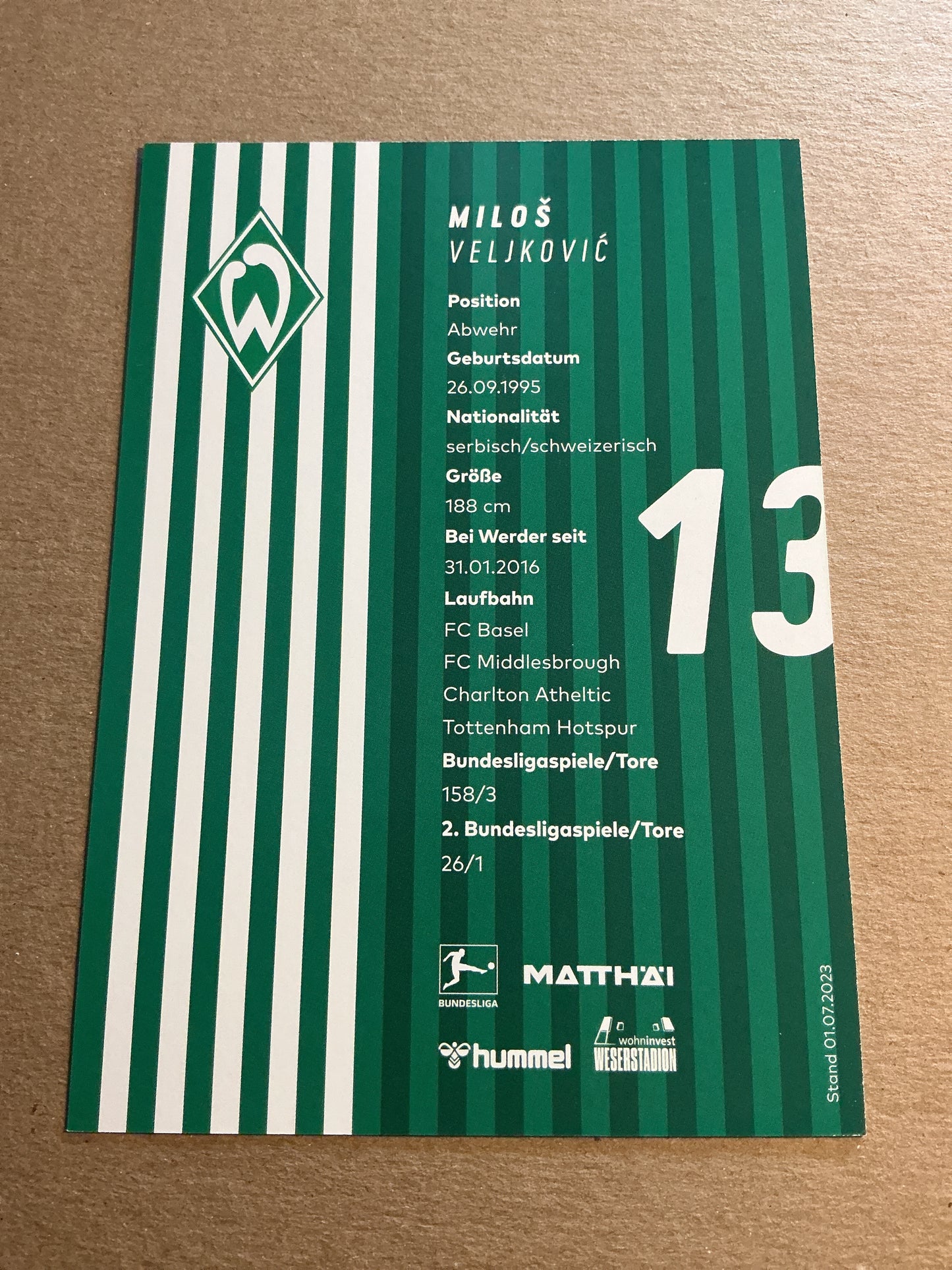 Milos Veljkovic, Serbia 🇷🇸 SV Werder Bremen 2023/24 hand signed