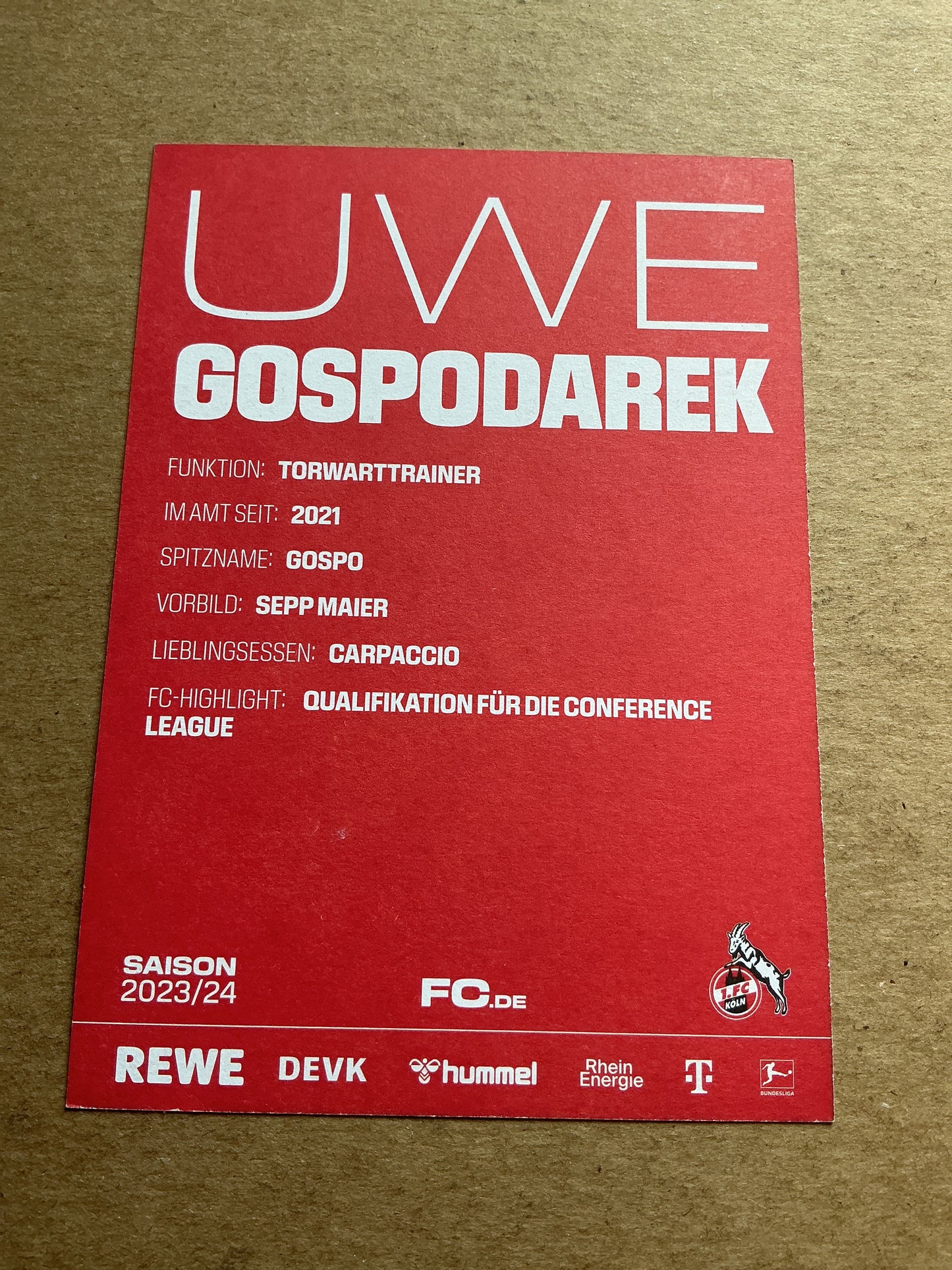 Uwe Gospodarek, Germany 🇩🇪 1.FC Köln 2023/24 hand signed