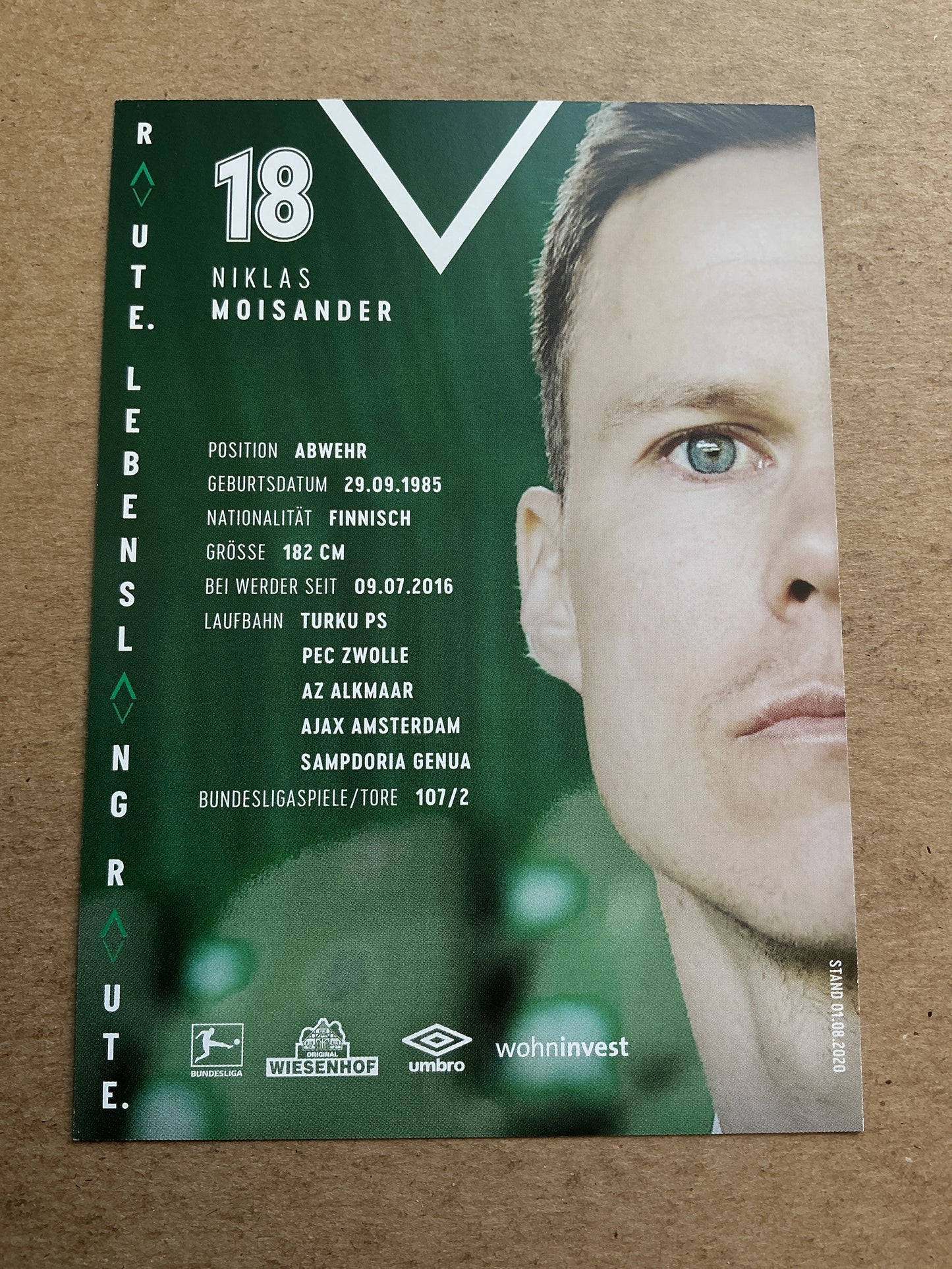 Niklas Moisander, Finland 🇫🇮 SV Werder Bremen 2020/21 hand signed