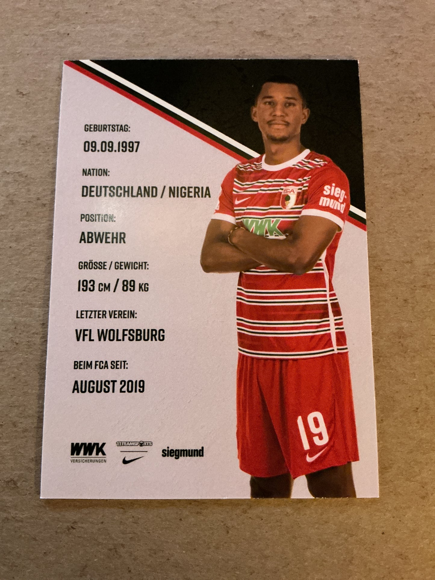 Felix Uduokhai, Germany π©πͺ FC Augsburg 2022/23 hand signed