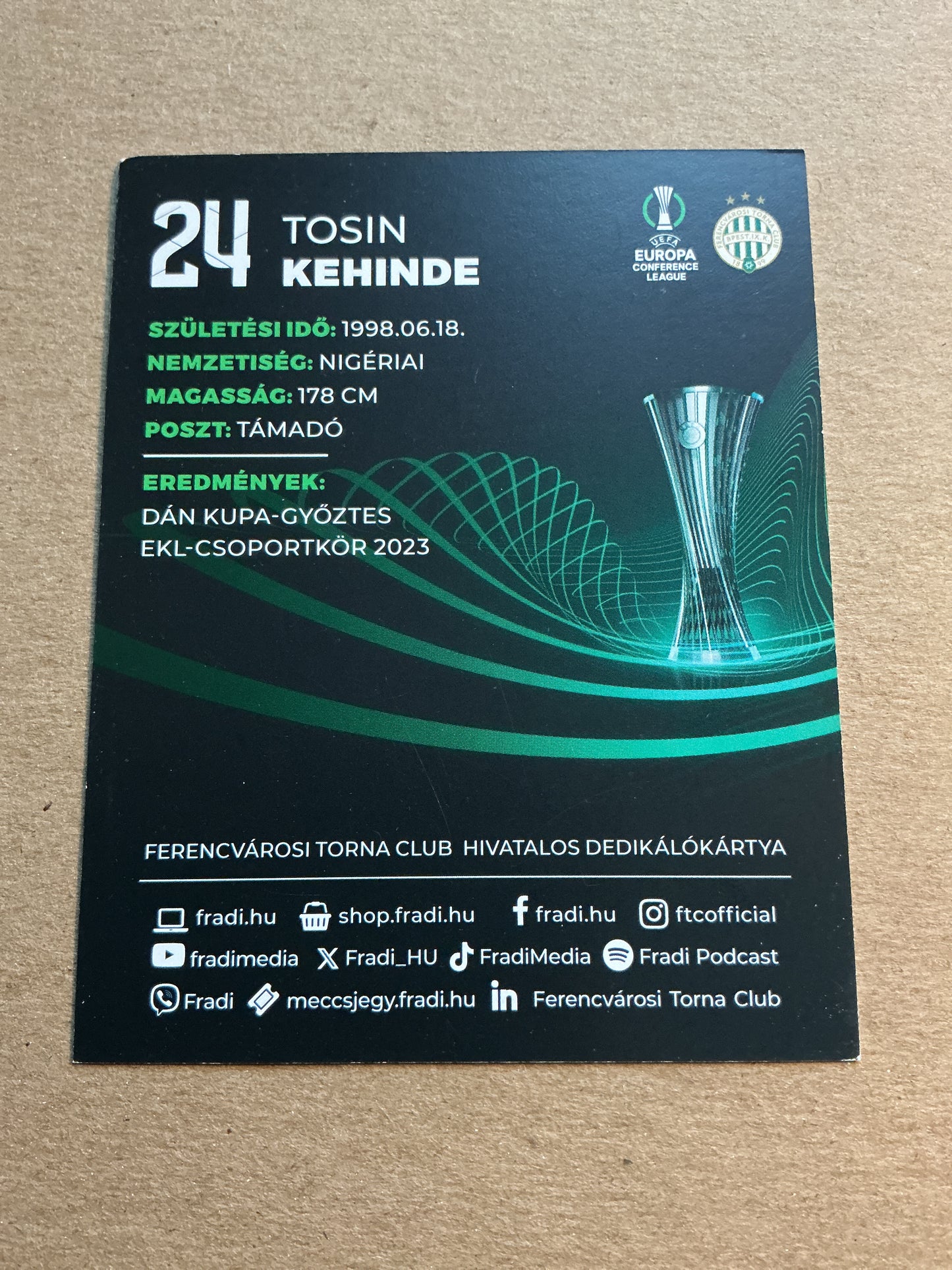 Tosin Kehinde, Nigeria 🇳🇬 Ferencváros TC 2023/24 hand signed