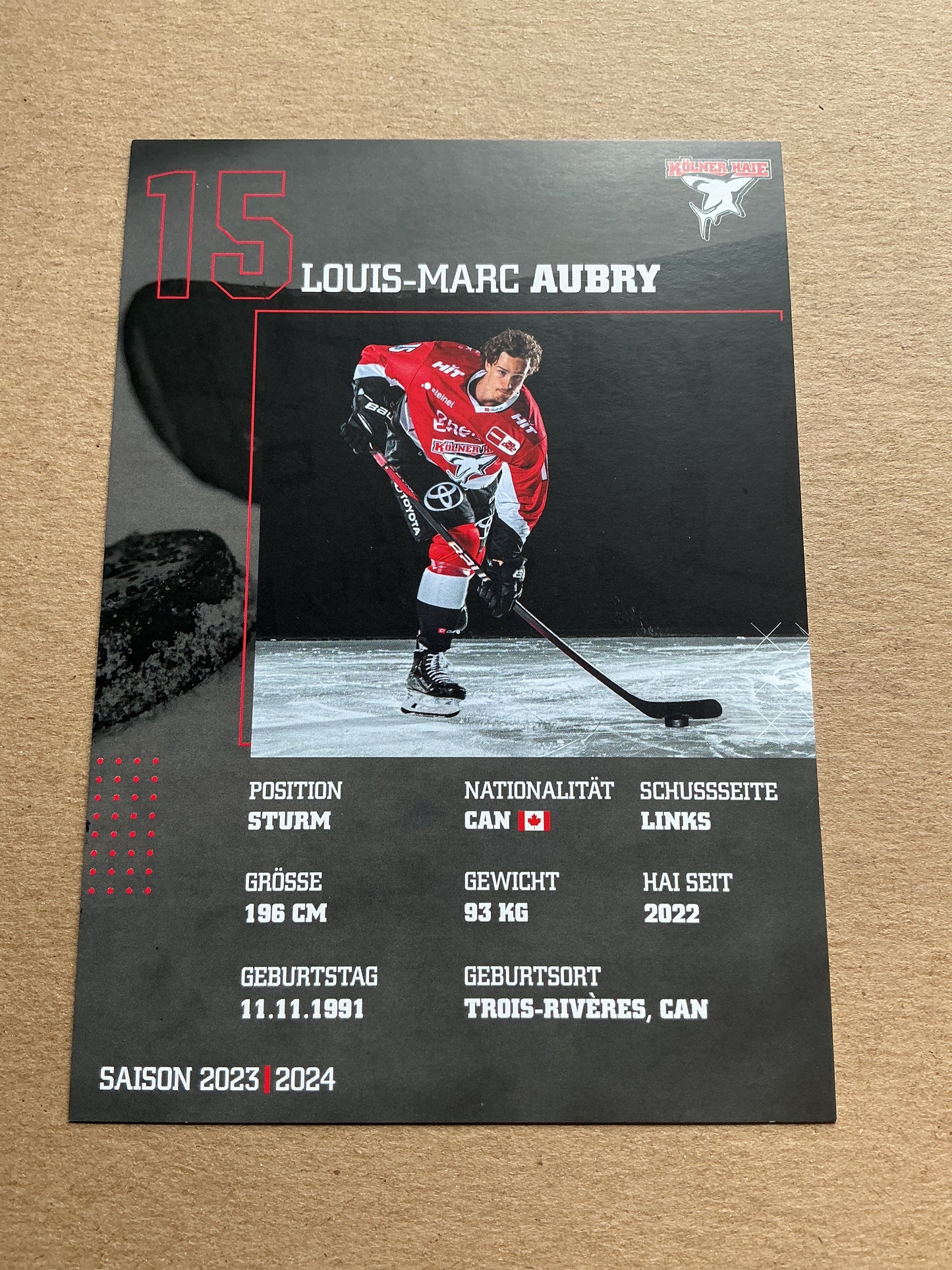 Louis-Marc Aubry, Canada 🇨🇦 Kölner Haie 2023/24 hand signed