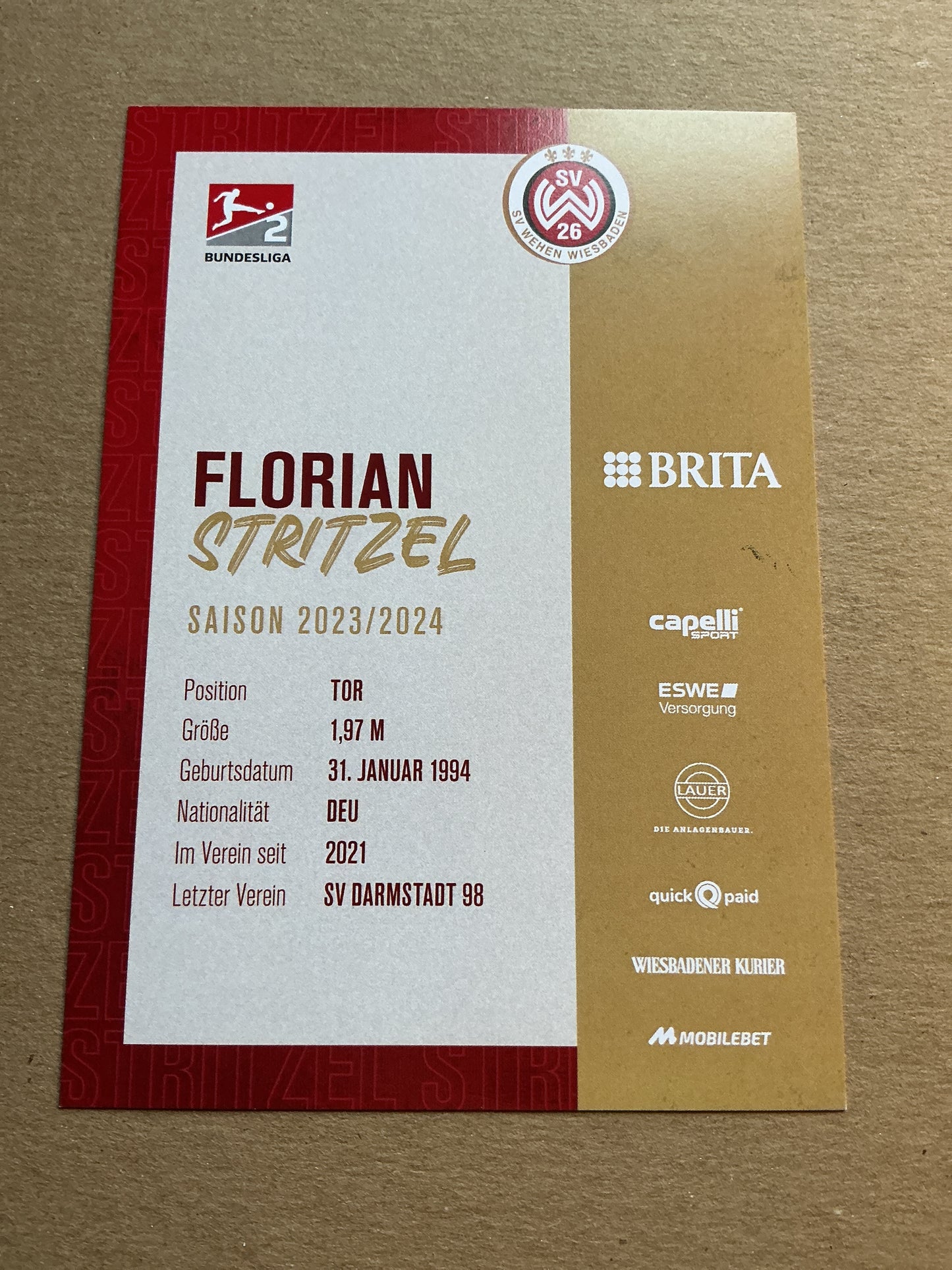 Florian Stritzel, Germany π©πͺ SV Wehen Wiesbaden 2023/24 hand signed